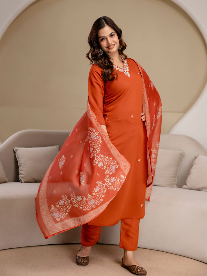 Orange Chanderi Cotton Embroidery Work Kurta Pant with Dupatta Set