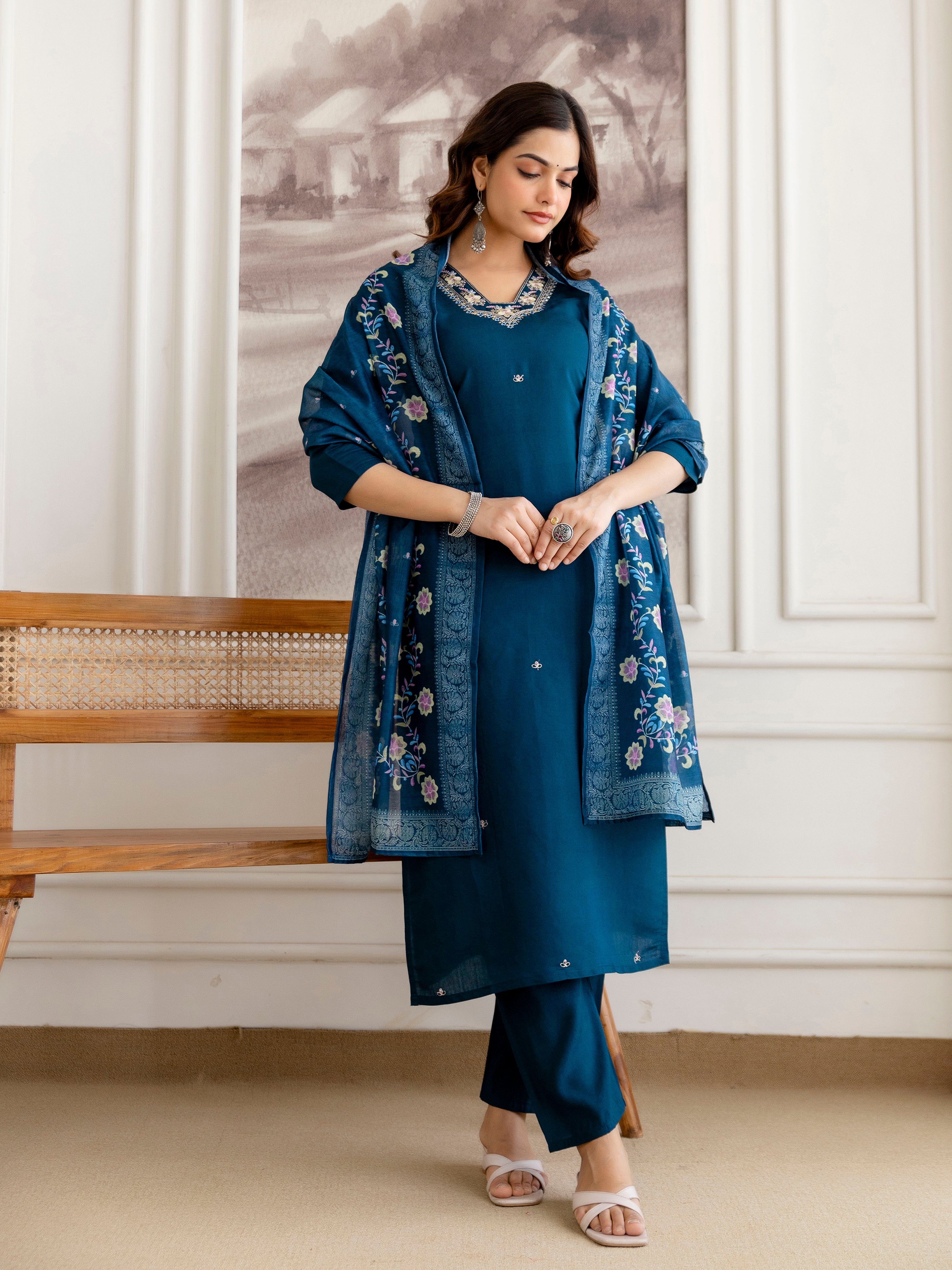 Morpeach Chanderi Cotton Embroidery Work Kurta Pant with Dupatta Set