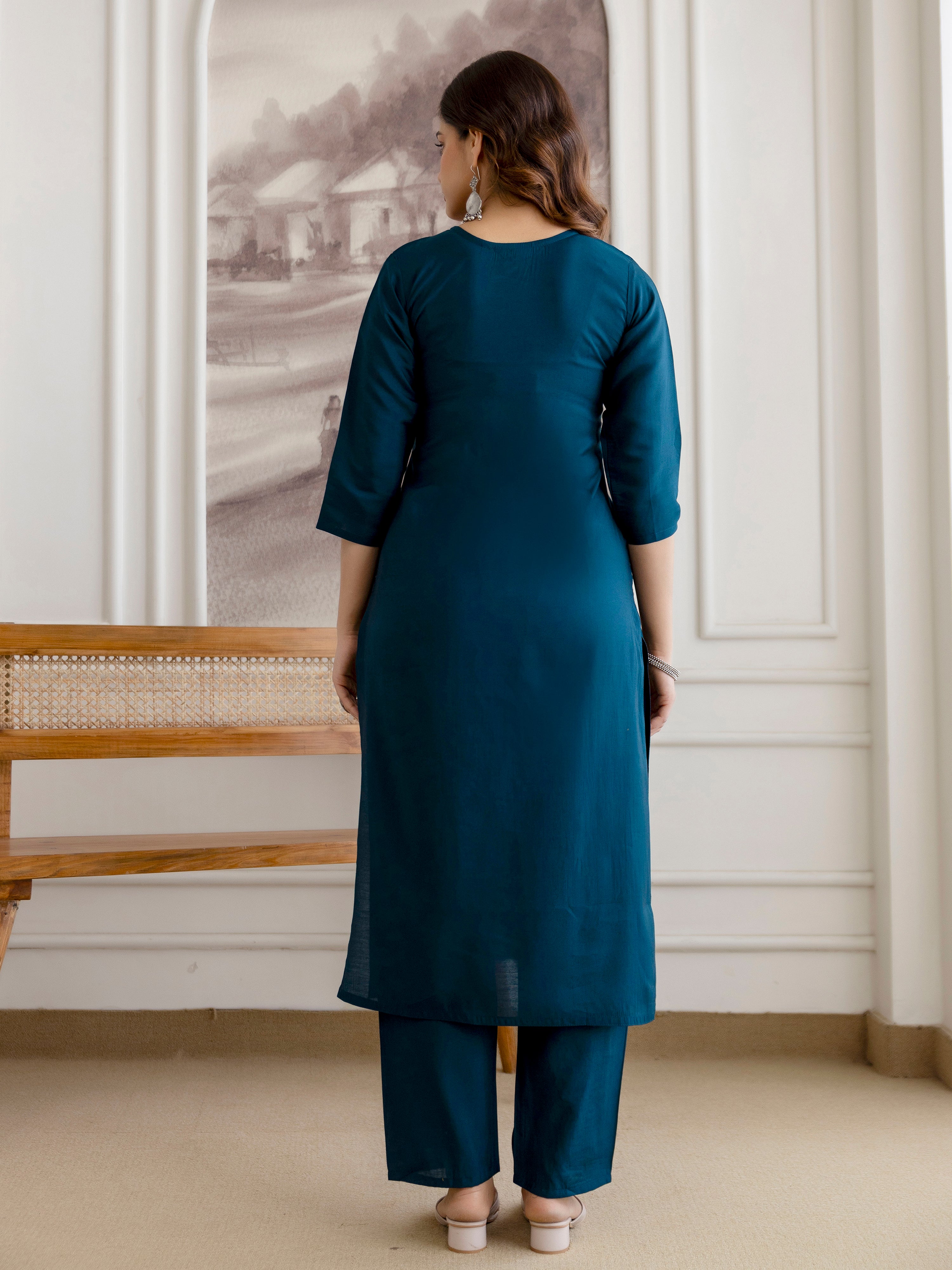 Morpeach Chanderi Cotton Embroidery Work Kurta Pant with Dupatta Set