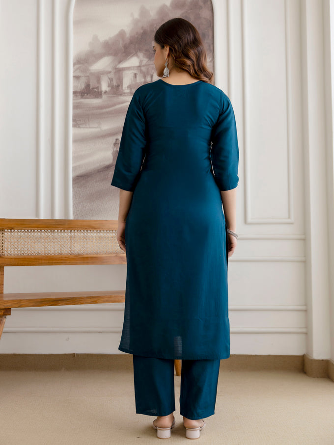 Morpeach Chanderi Cotton Embroidery Work Kurta Pant with Dupatta Set