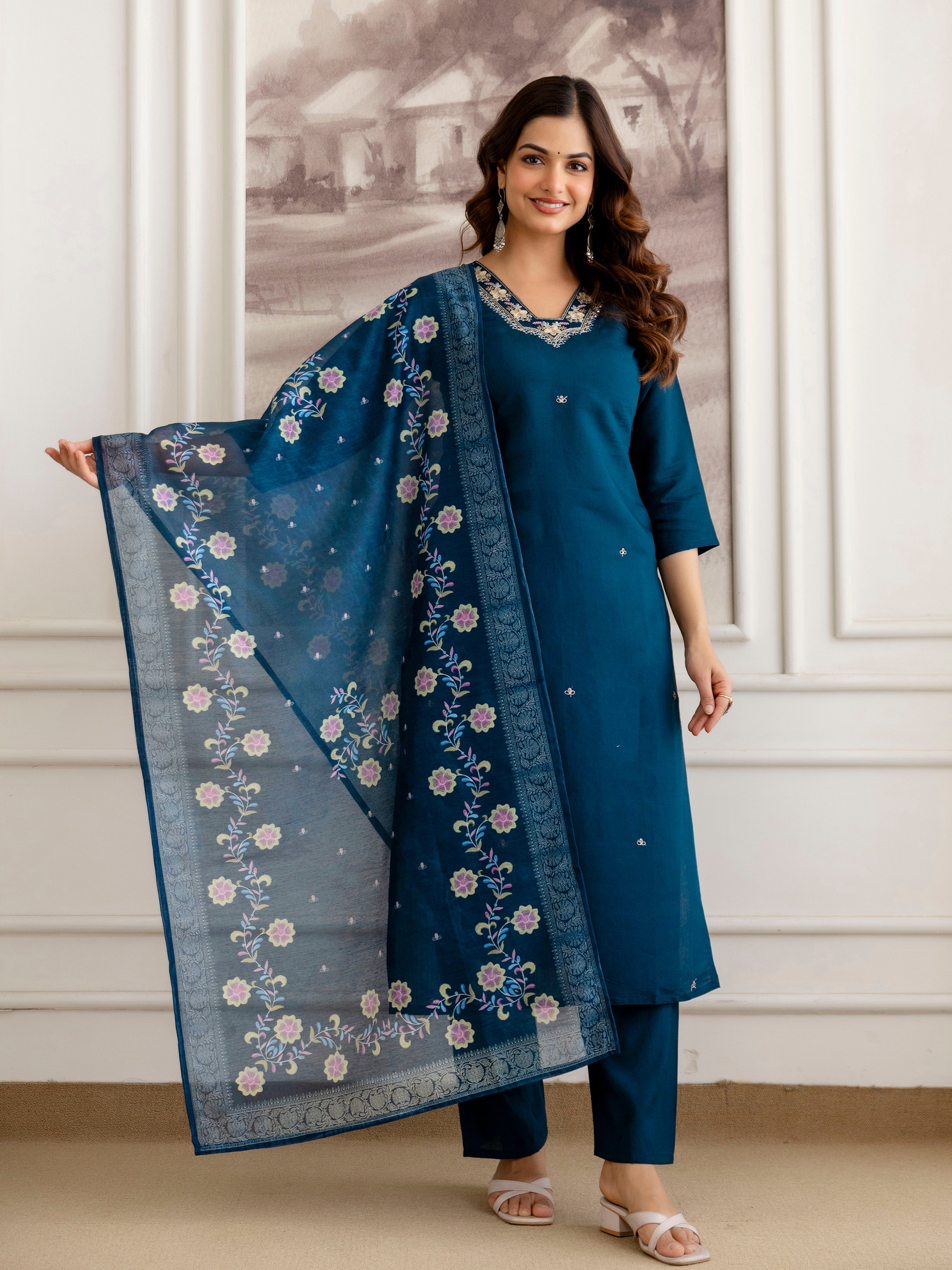 Morpeach Chanderi Cotton Embroidery Work Kurta Pant with Dupatta Set