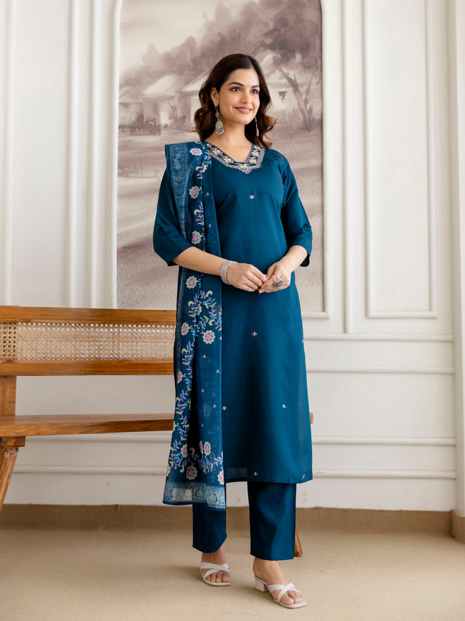 Morpeach Chanderi Cotton Embroidery Work Kurta Pant with Dupatta Set