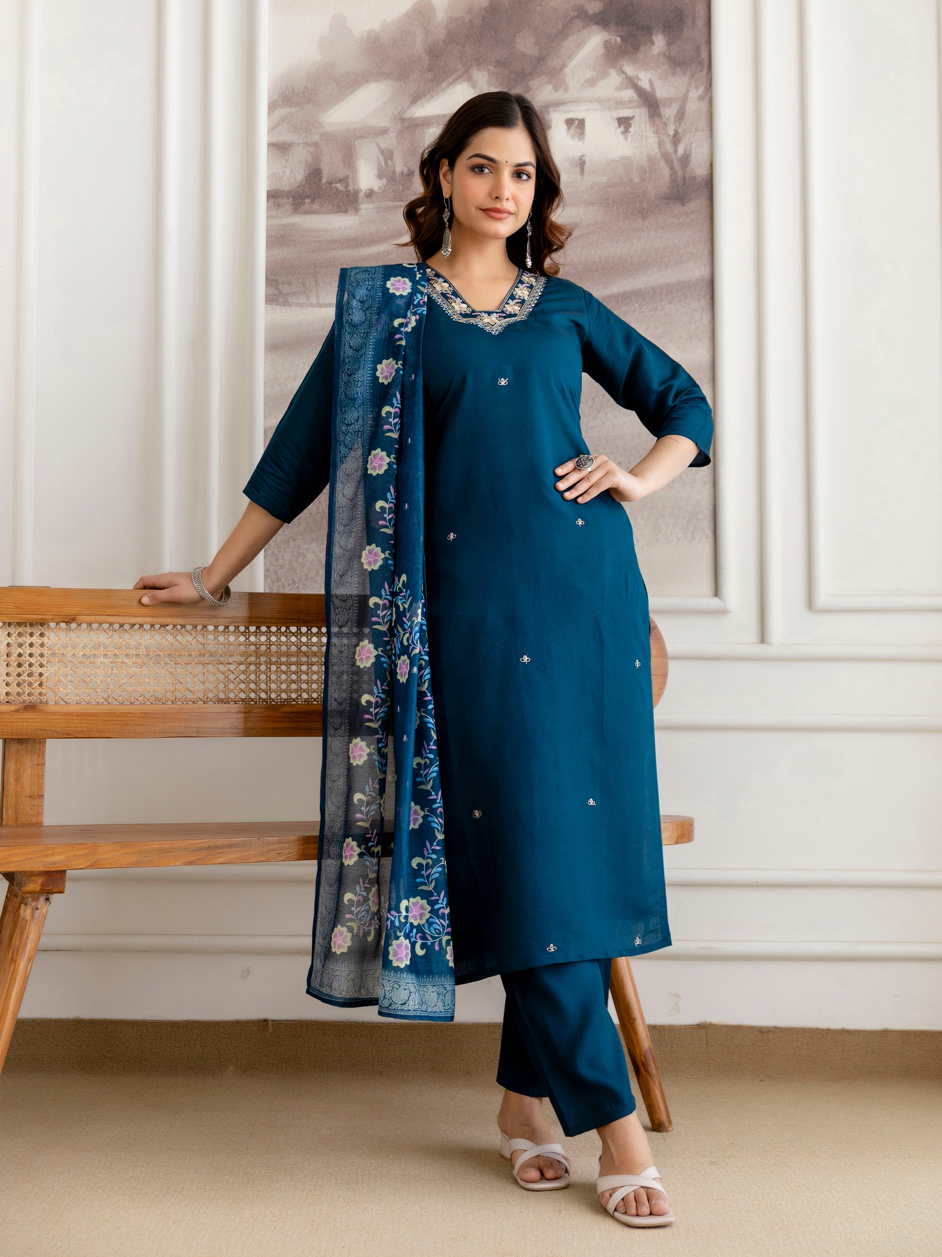 Morpeach Chanderi Cotton Embroidery Work Kurta Pant with Dupatta Set
