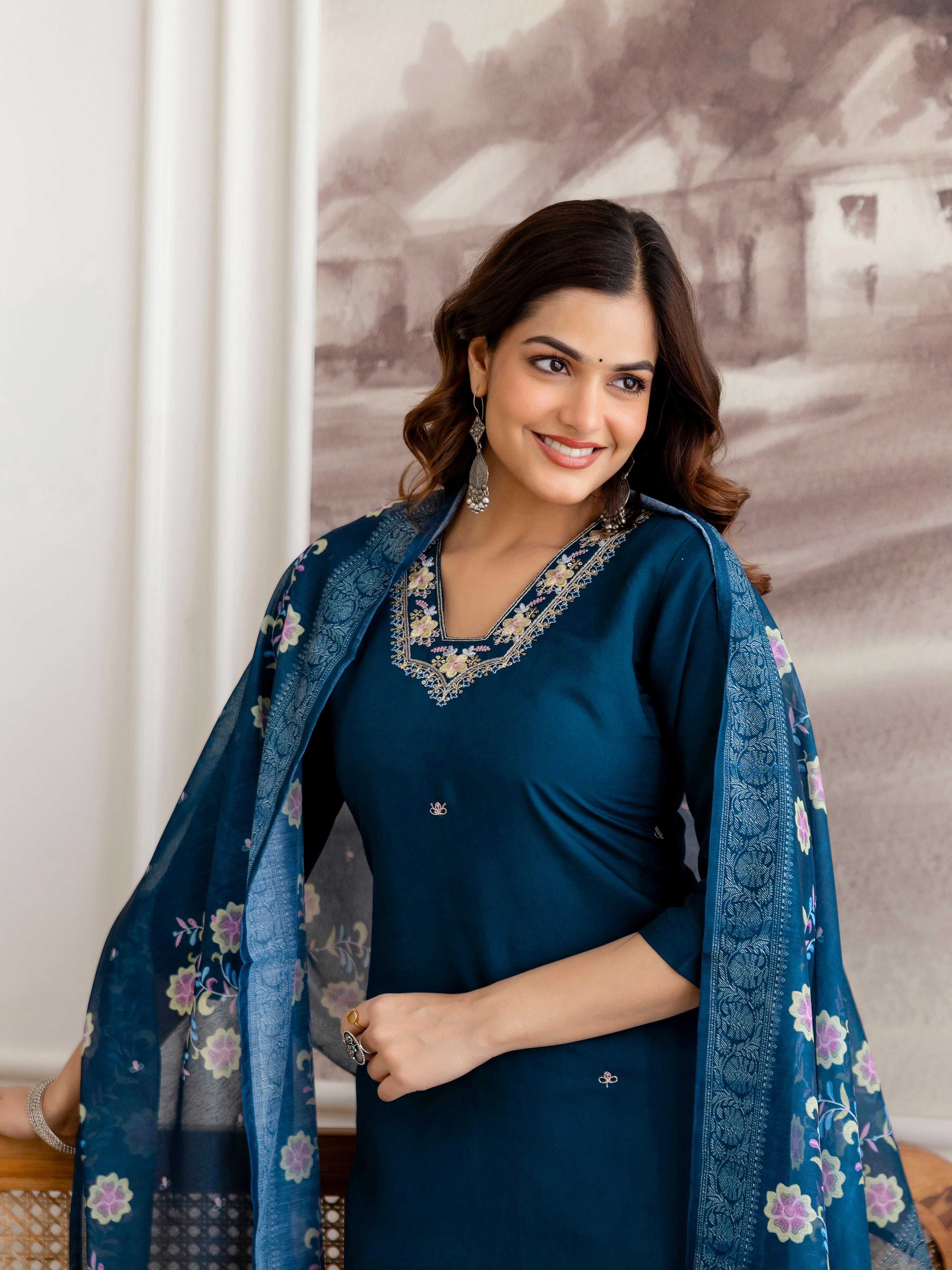 Morpeach Chanderi Cotton Embroidery Work Kurta Pant with Dupatta Set