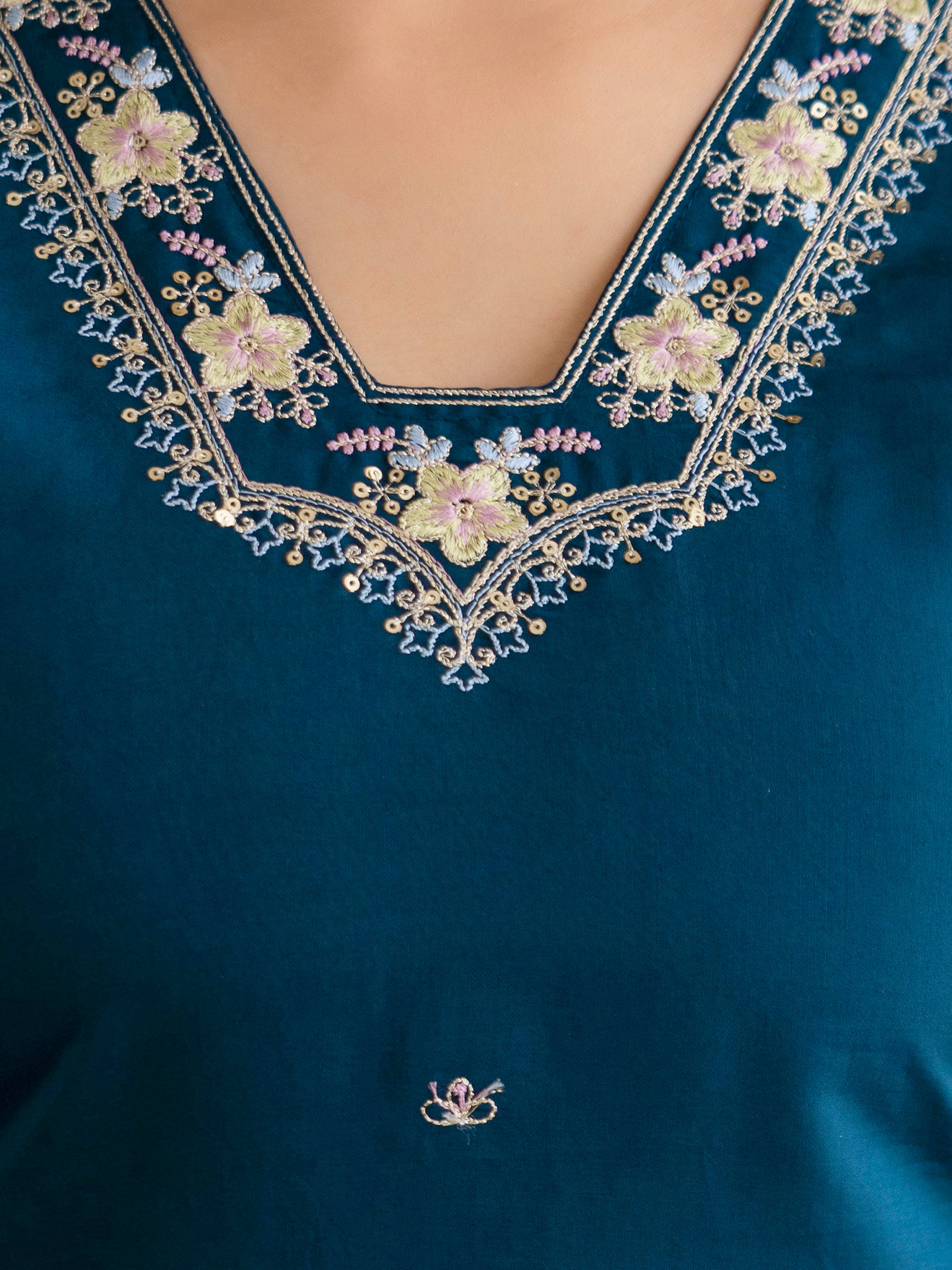 Morpeach Chanderi Cotton Embroidery Work Kurta Pant with Dupatta Set