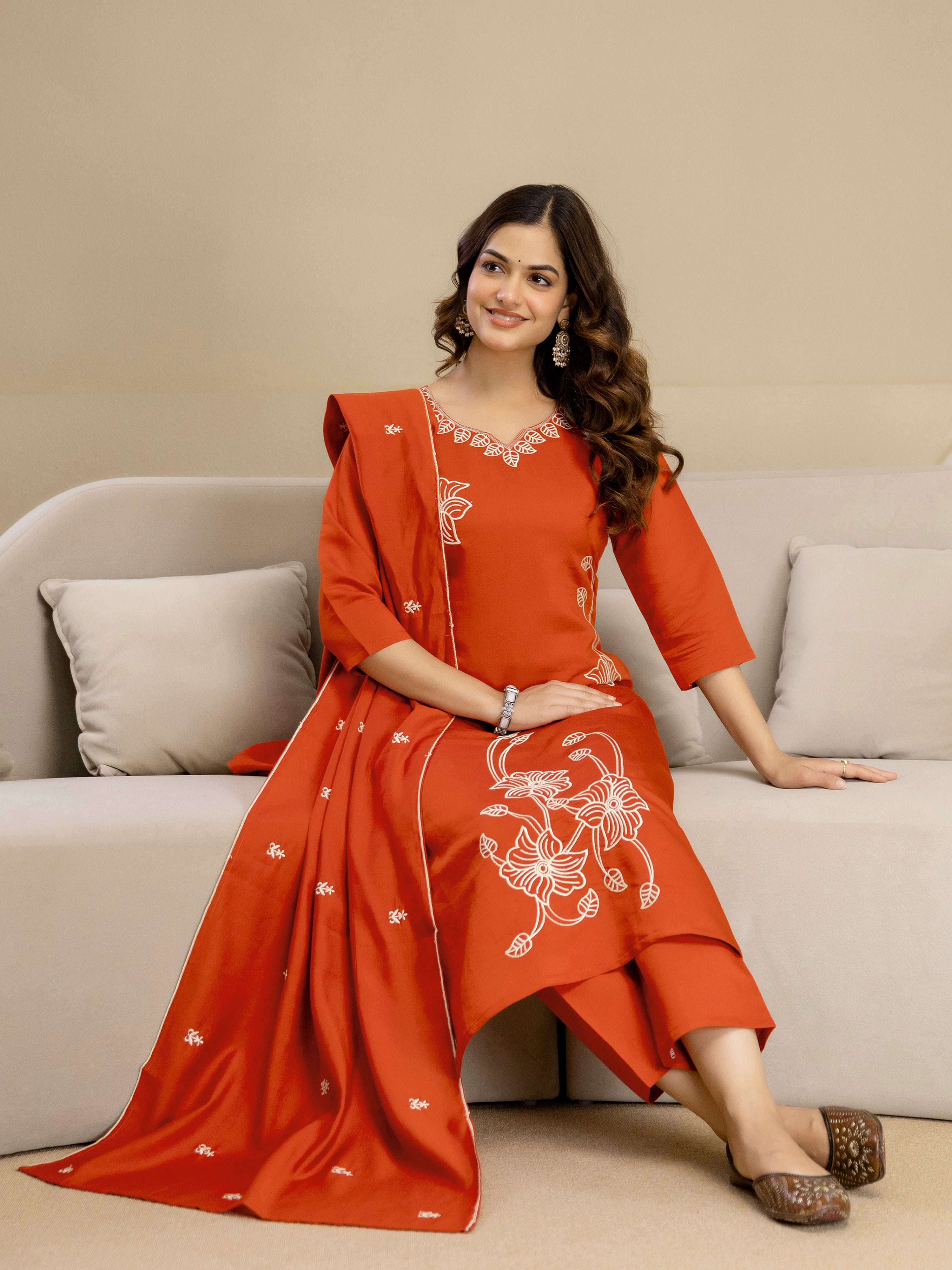 Orange Chanderi Cotton Embroidery Work Kurta Pant with Dupatta Set