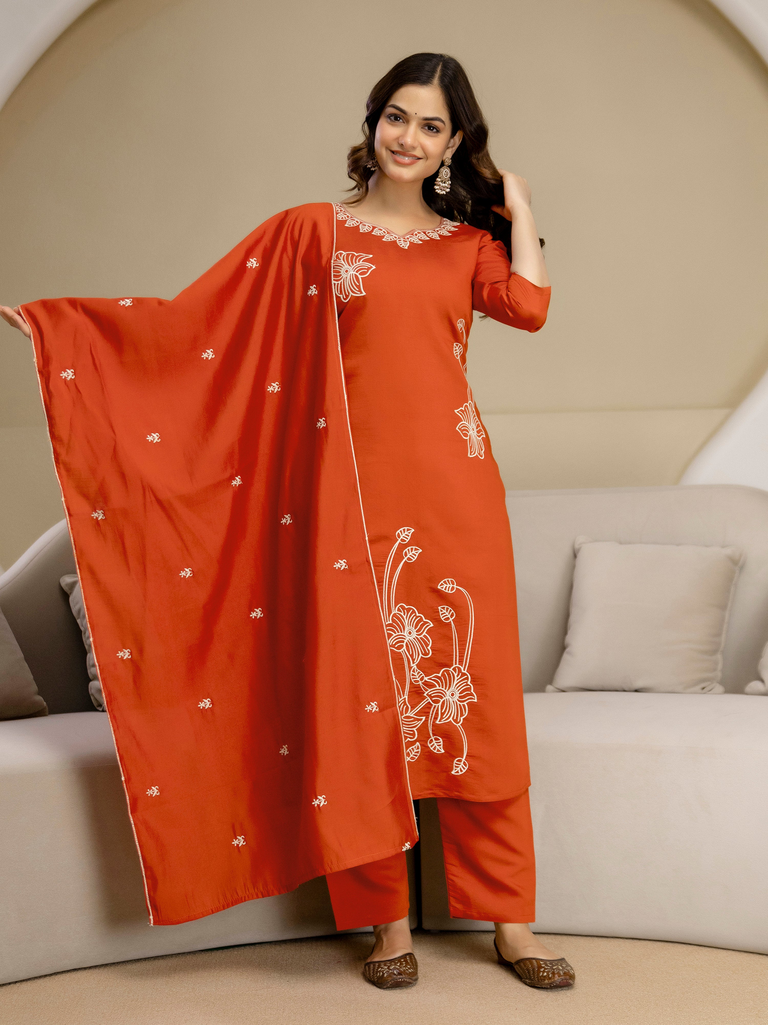 Orange Chanderi Cotton Embroidery Work Kurta Pant with Dupatta Set