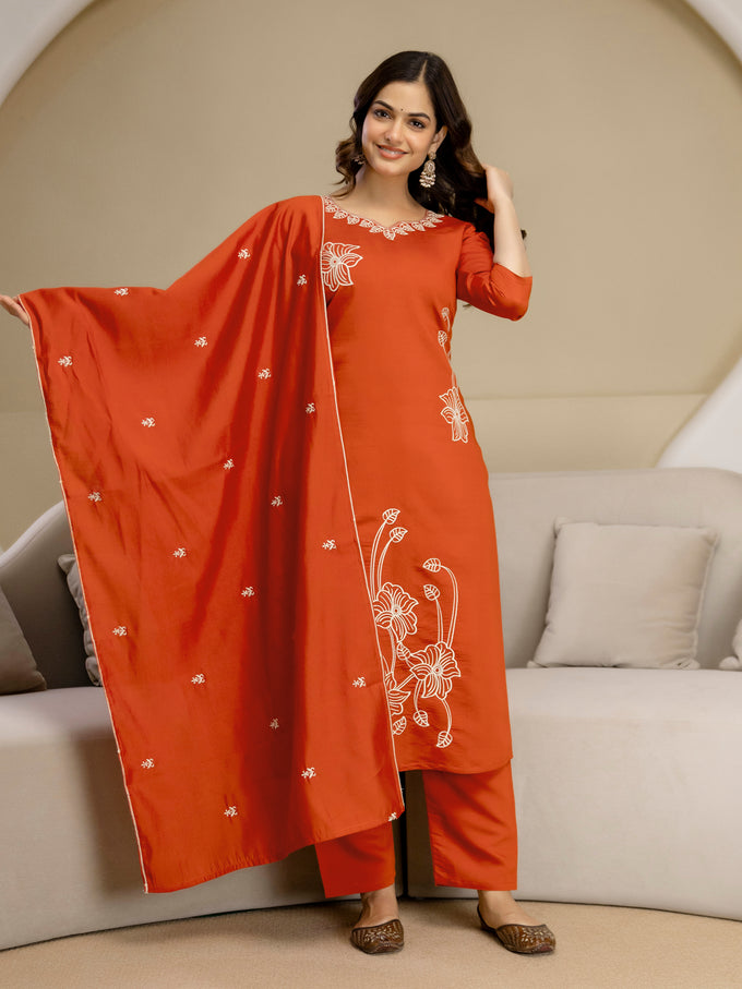 Orange Chanderi Cotton Embroidery Work Kurta Pant with Dupatta Set