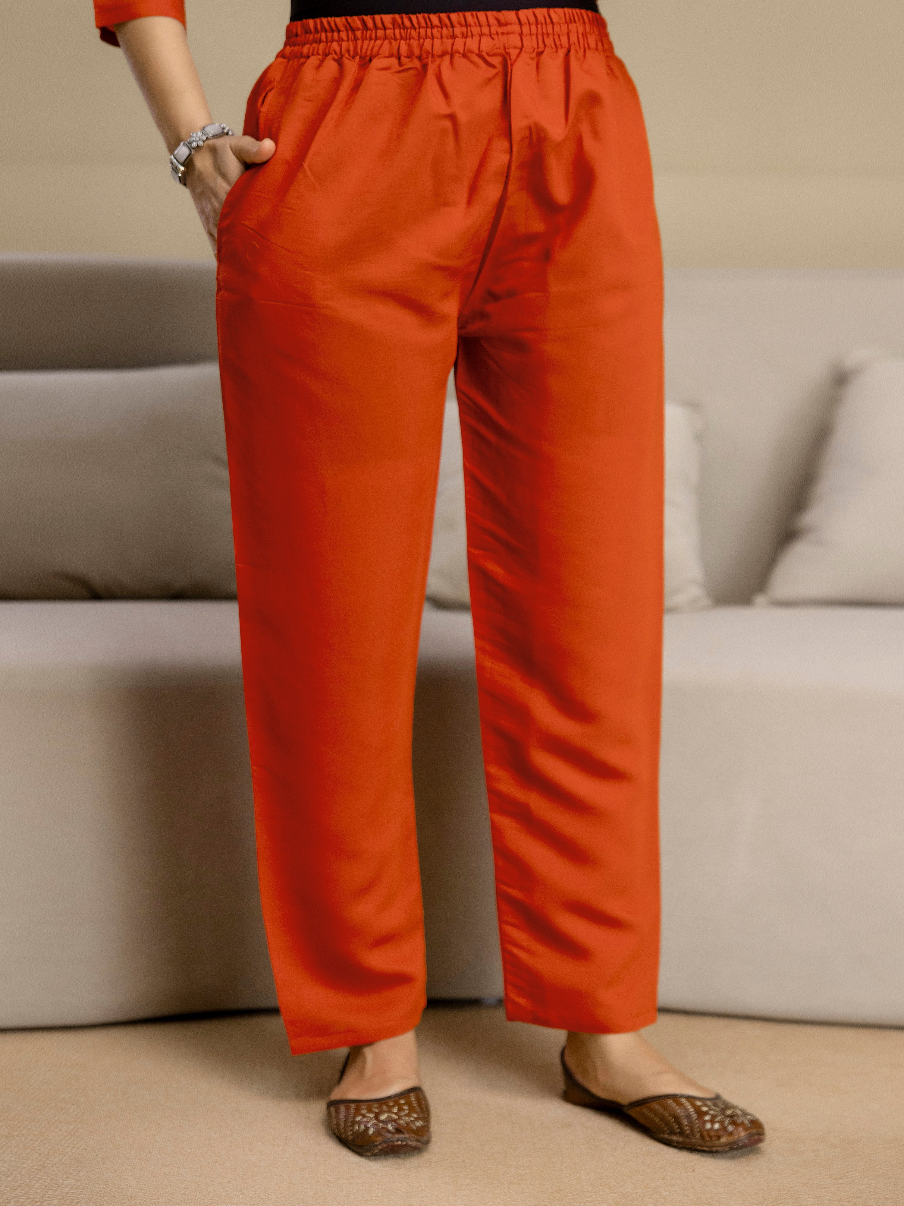 Orange Chanderi Cotton Embroidery Work Kurta Pant with Dupatta Set