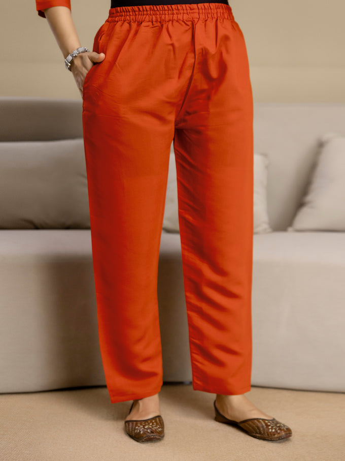 Orange Chanderi Cotton Embroidery Work Kurta Pant with Dupatta Set