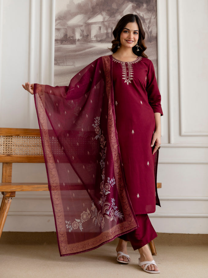 Maroon Chanderi Cotton Embroidery Work Kurta Pant with Dupatta Set