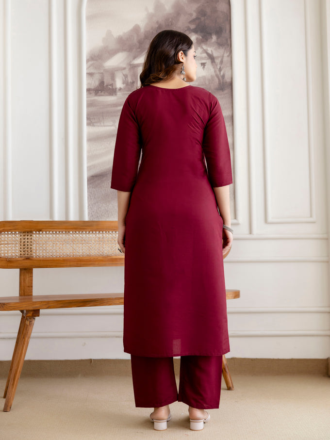 Maroon Chanderi Cotton Embroidery Work Kurta Pant with Dupatta Set