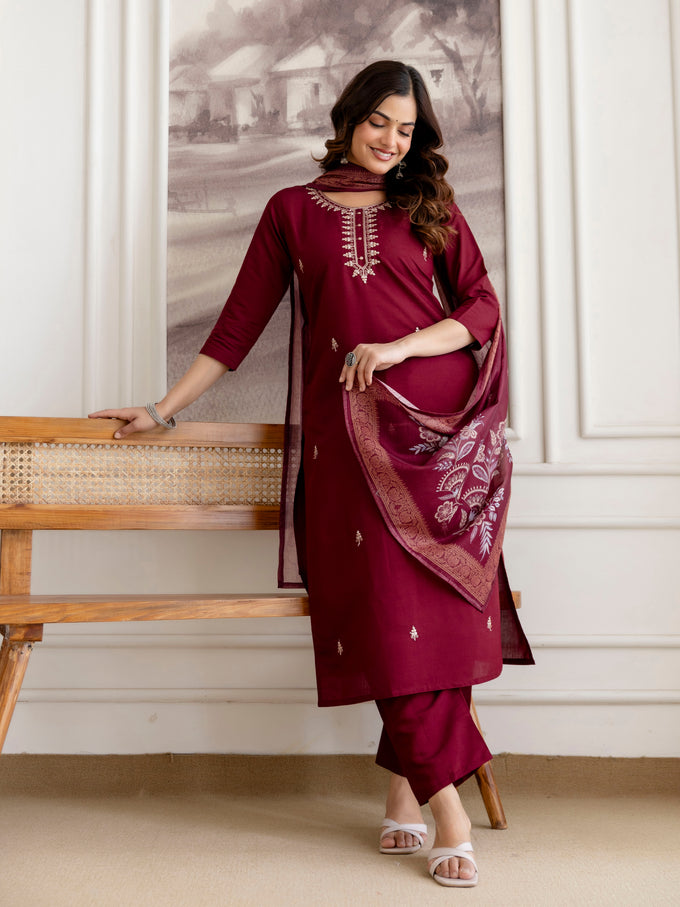Maroon Chanderi Cotton Embroidery Work Kurta Pant with Dupatta Set