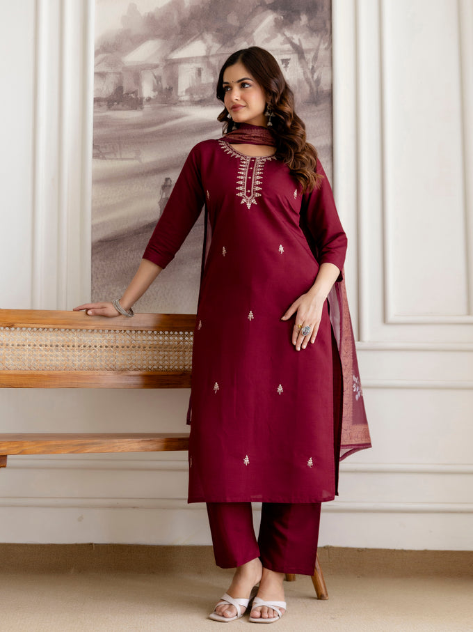 Maroon Chanderi Cotton Embroidery Work Kurta Pant with Dupatta Set