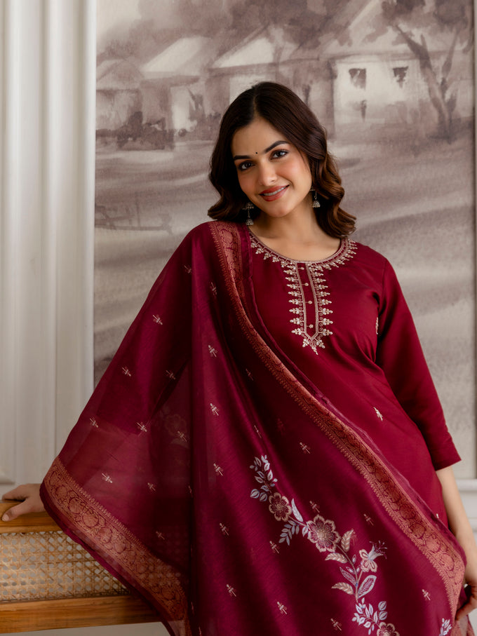Maroon Chanderi Cotton Embroidery Work Kurta Pant with Dupatta Set