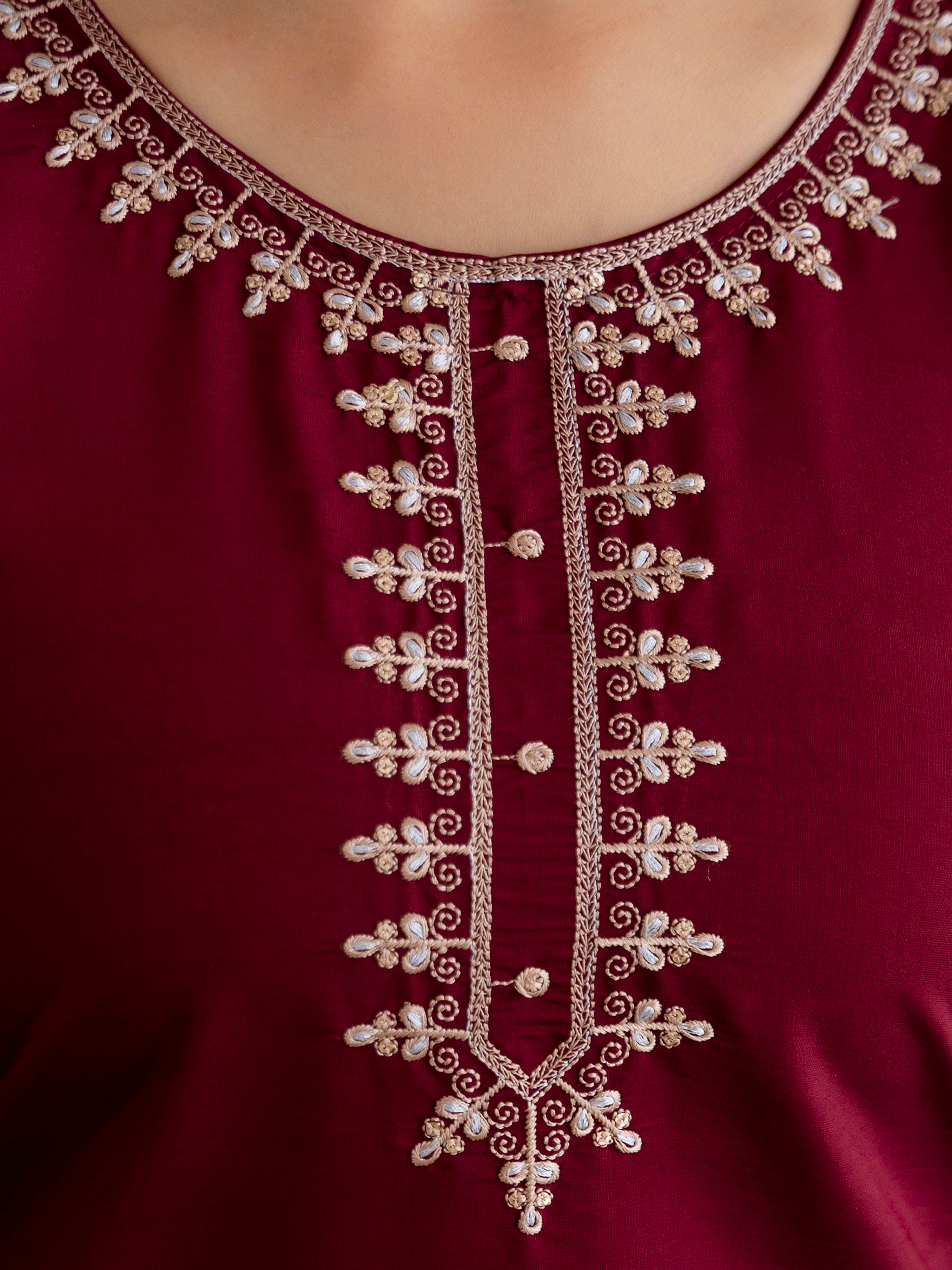 Maroon Chanderi Cotton Embroidery Work Kurta Pant with Dupatta Set