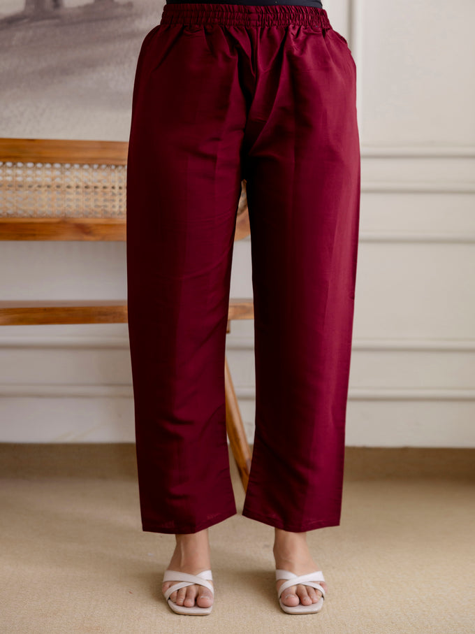 Maroon Chanderi Cotton Embroidery Work Kurta Pant with Dupatta Set
