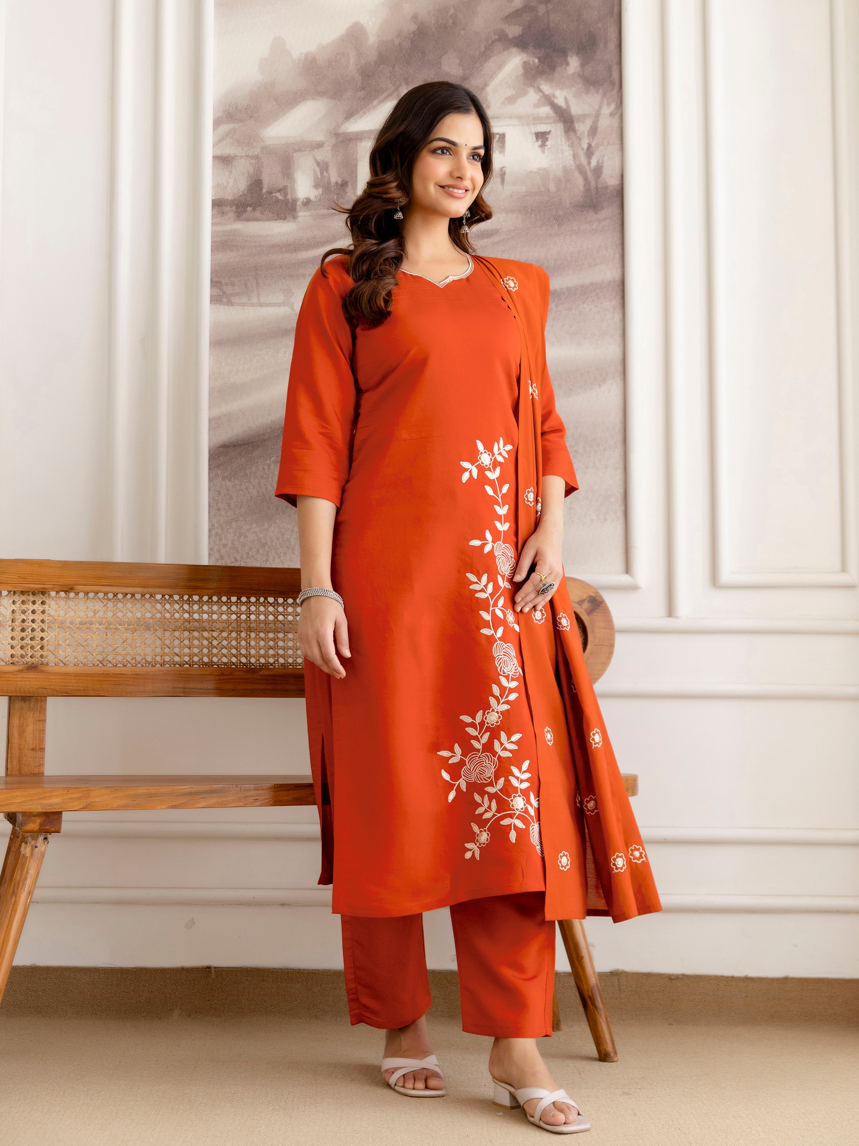 Orange Chanderi Cotton Embroidery Work Kurta Pant with Dupatta Set