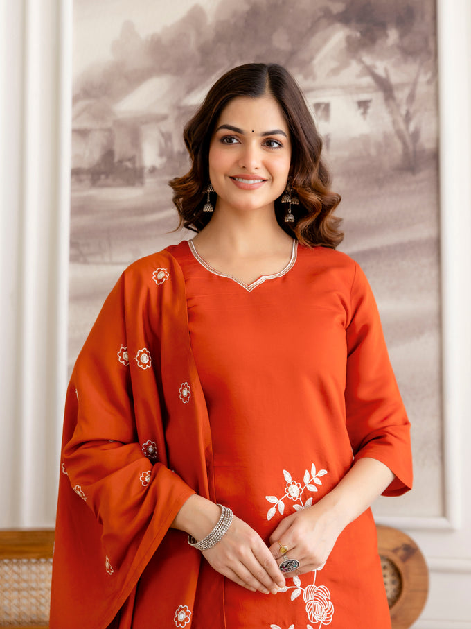 Orange Chanderi Cotton Embroidery Work Kurta Pant with Dupatta Set
