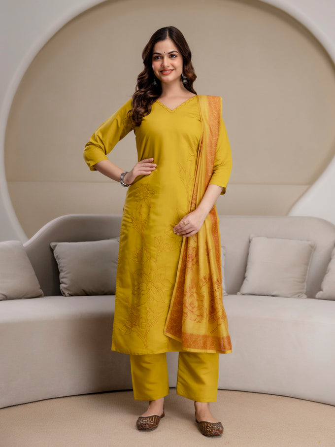 Yellow Chanderi Cotton Embroidery Work Kurta Pant with Dupatta Set