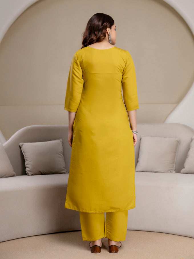 Yellow Chanderi Cotton Embroidery Work Kurta Pant with Dupatta Set