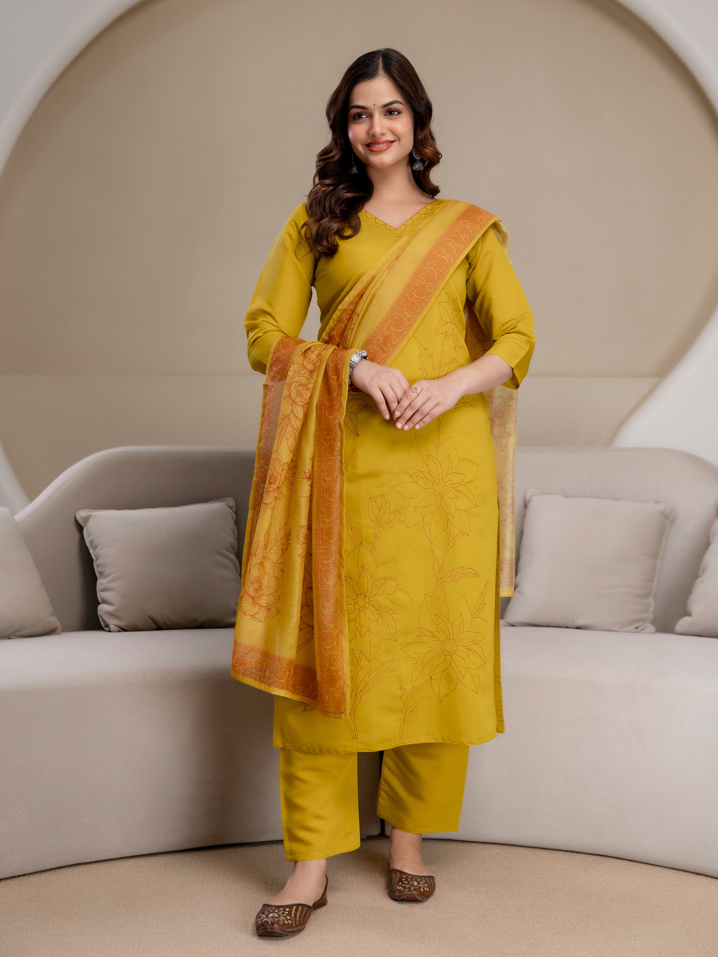 Yellow Chanderi Cotton Embroidery Work Kurta Pant with Dupatta Set