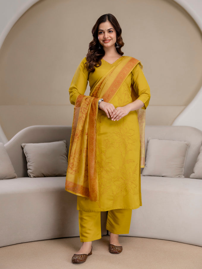 Yellow Chanderi Cotton Embroidery Work Kurta Pant with Dupatta Set