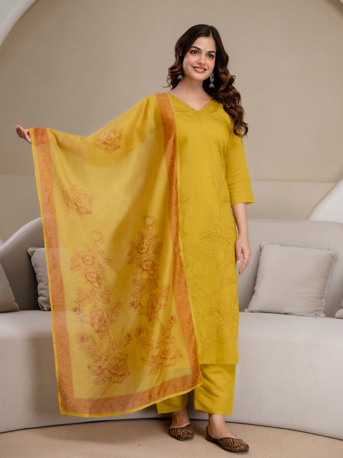 Yellow Chanderi Cotton Embroidery Work Kurta Pant with Dupatta Set