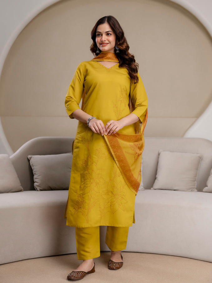 Yellow Chanderi Cotton Embroidery Work Kurta Pant with Dupatta Set