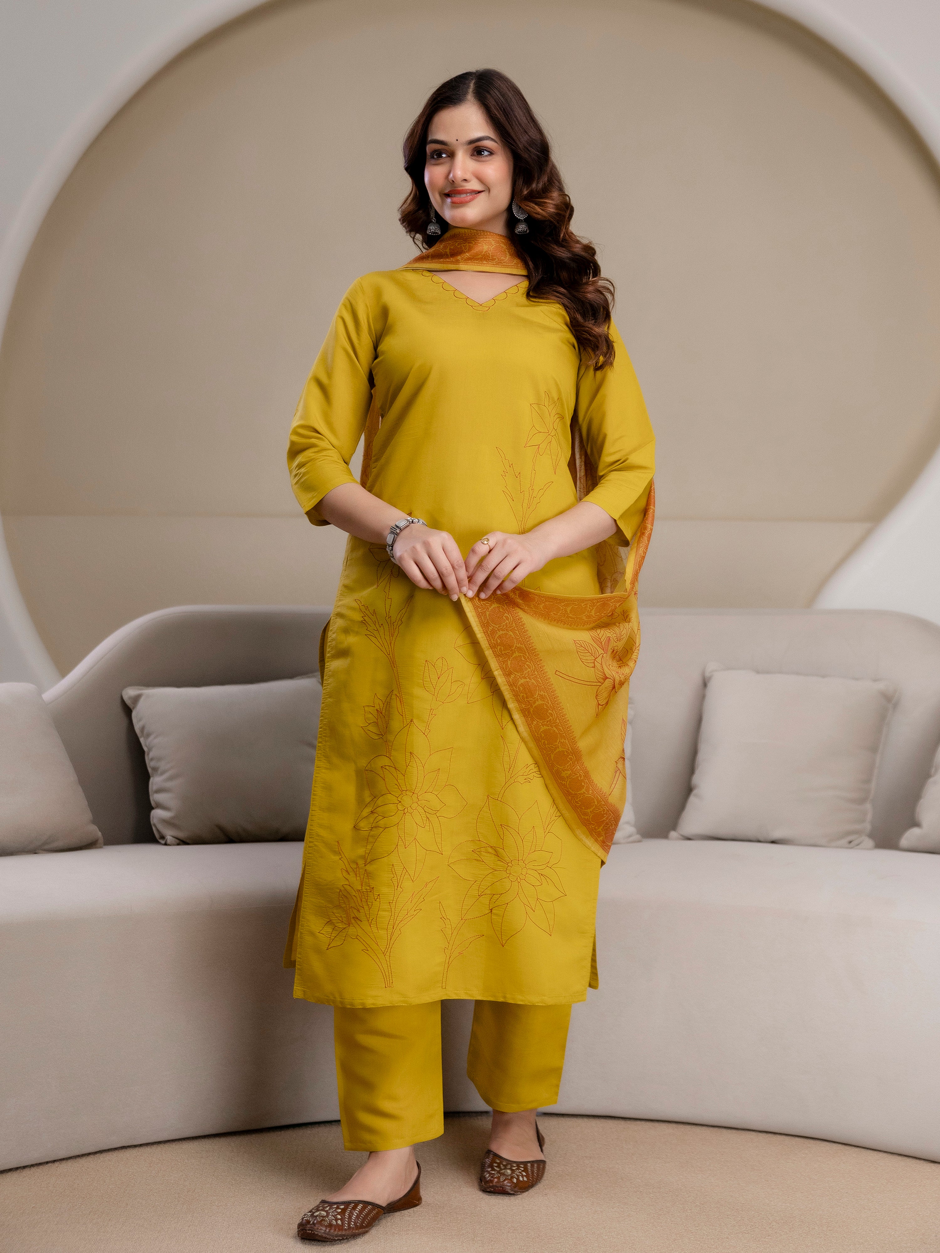 Mustard Chanderi Cotton Embroidery Sequence Work Kurta Pant with Dupatta Set