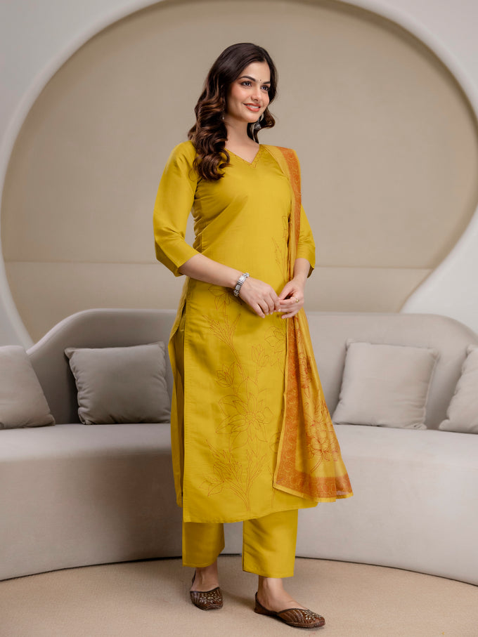Yellow Chanderi Cotton Embroidery Work Kurta Pant with Dupatta Set