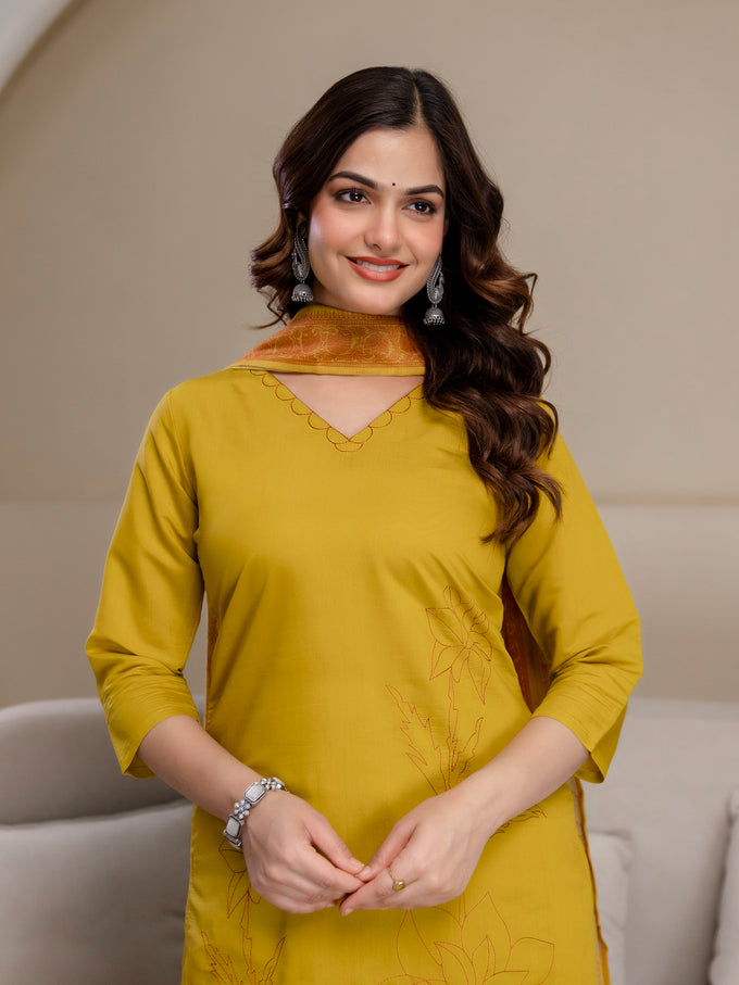 Mustard Chanderi Cotton Embroidery Sequence Work Kurta Pant with Dupatta Set