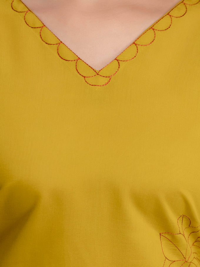 Yellow Chanderi Cotton Embroidery Work Kurta Pant with Dupatta Set