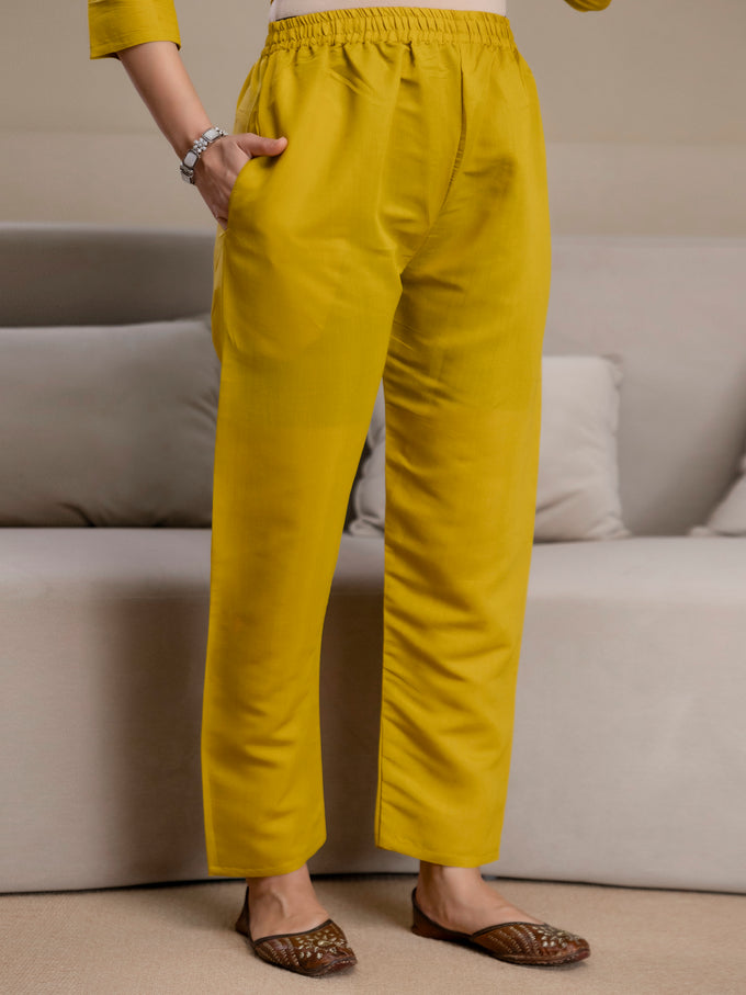 Yellow Chanderi Cotton Embroidery Work Kurta Pant with Dupatta Set