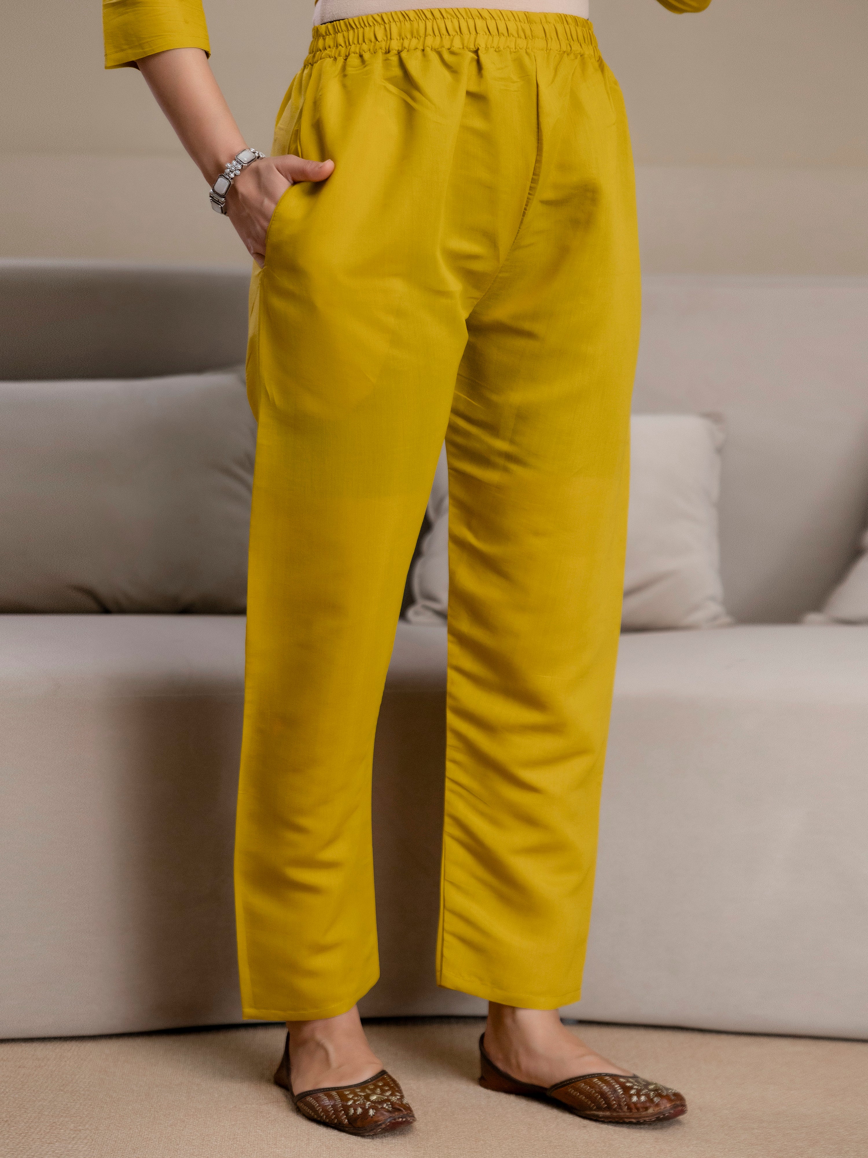 Mustard Chanderi Cotton Embroidery Sequence Work Kurta Pant with Dupatta Set