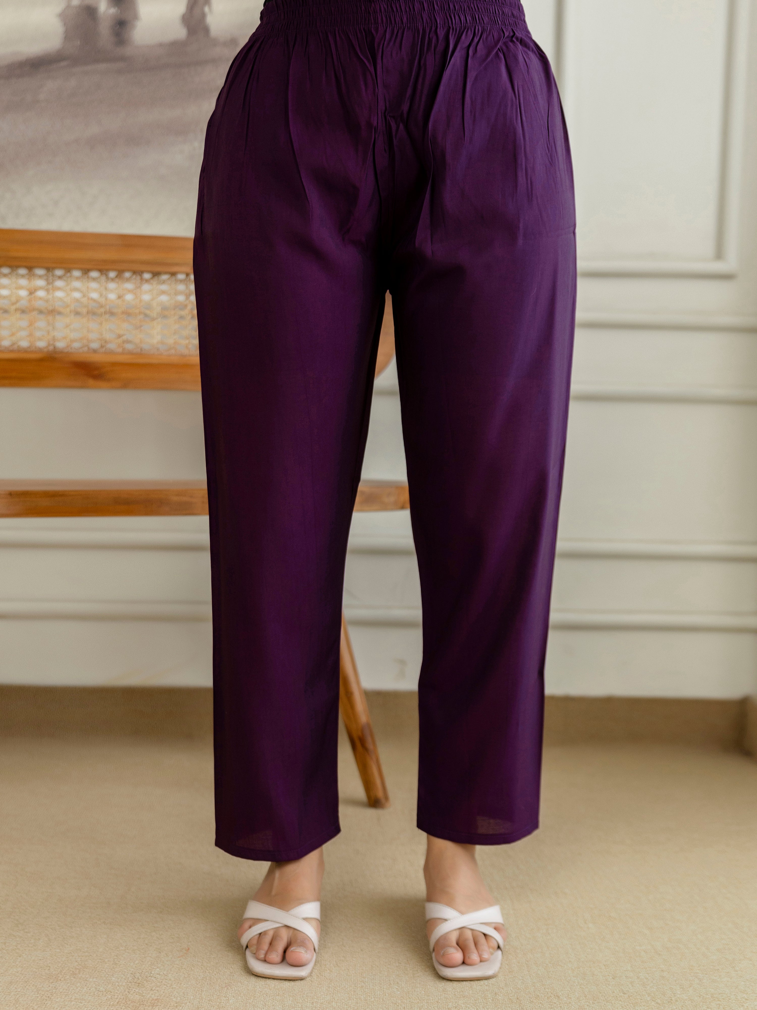 Purple Chanderi Cotton Embroidery Sequence Work Kurta Pant with Dupatta Set