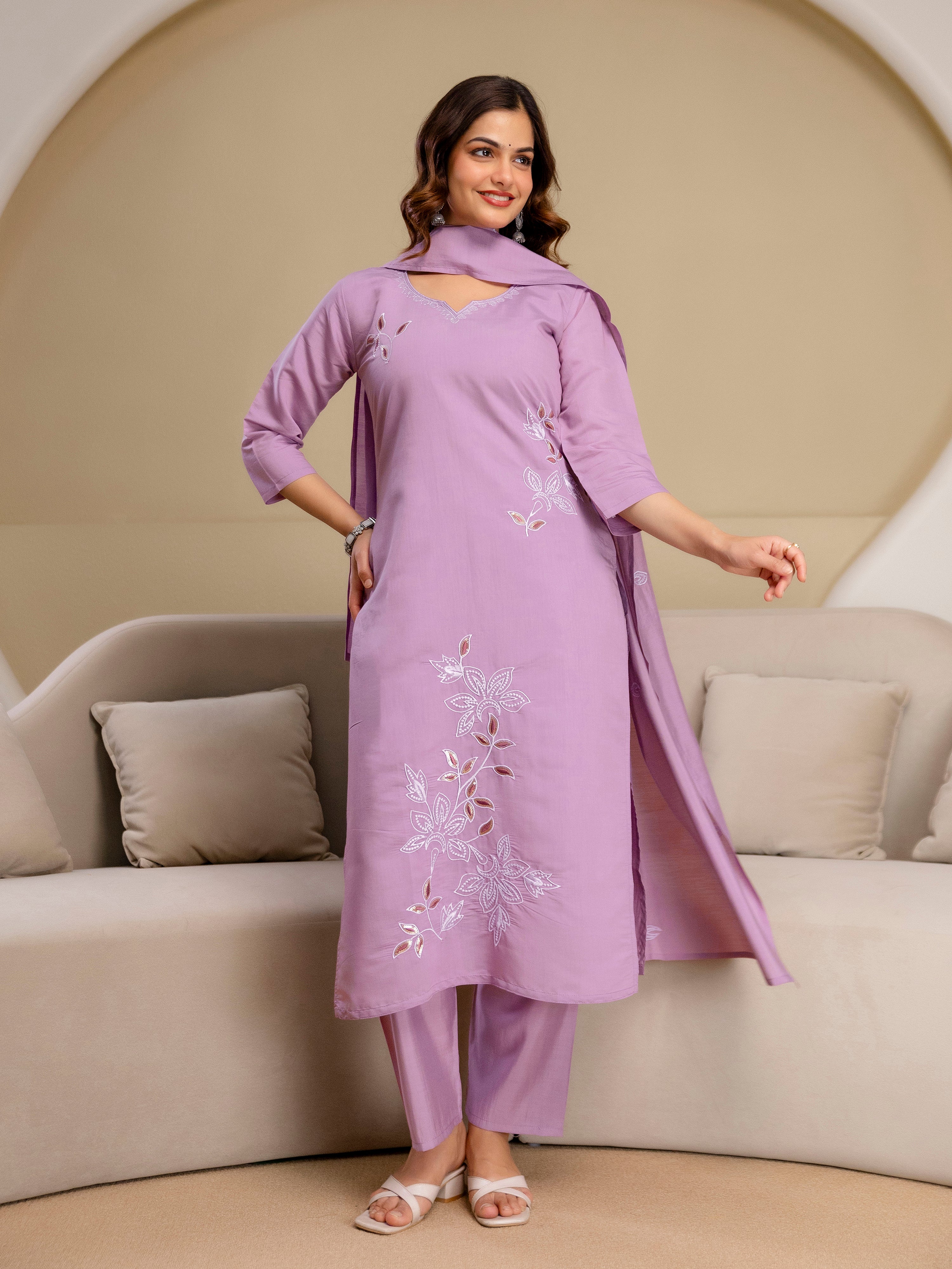Lightpurple Chanderi Cotton Embroidery Sequence Work Kurta Pant with Dupatta Set