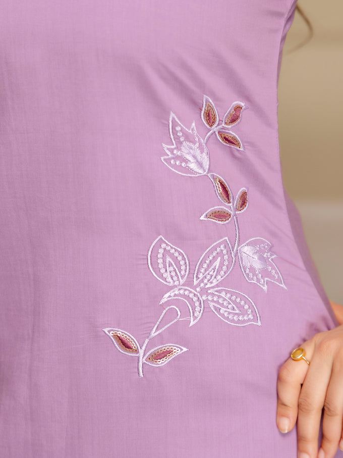 Lightpurple Chanderi Cotton Embroidery Sequence Work Kurta Pant with Dupatta Set
