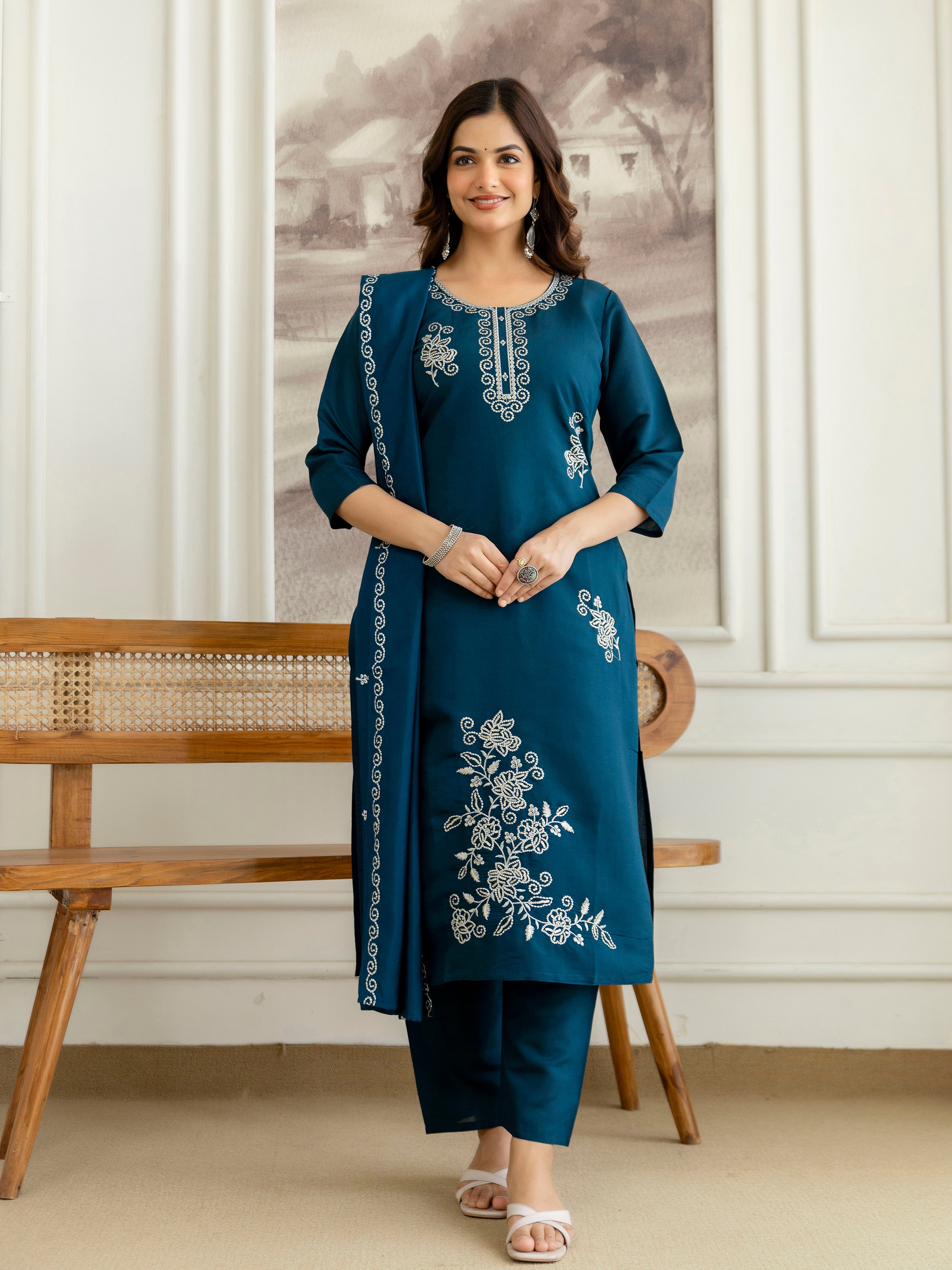 Morpeach Chanderi Cotton Embroidery Sequence Work Kurta Pant with Dupatta Set