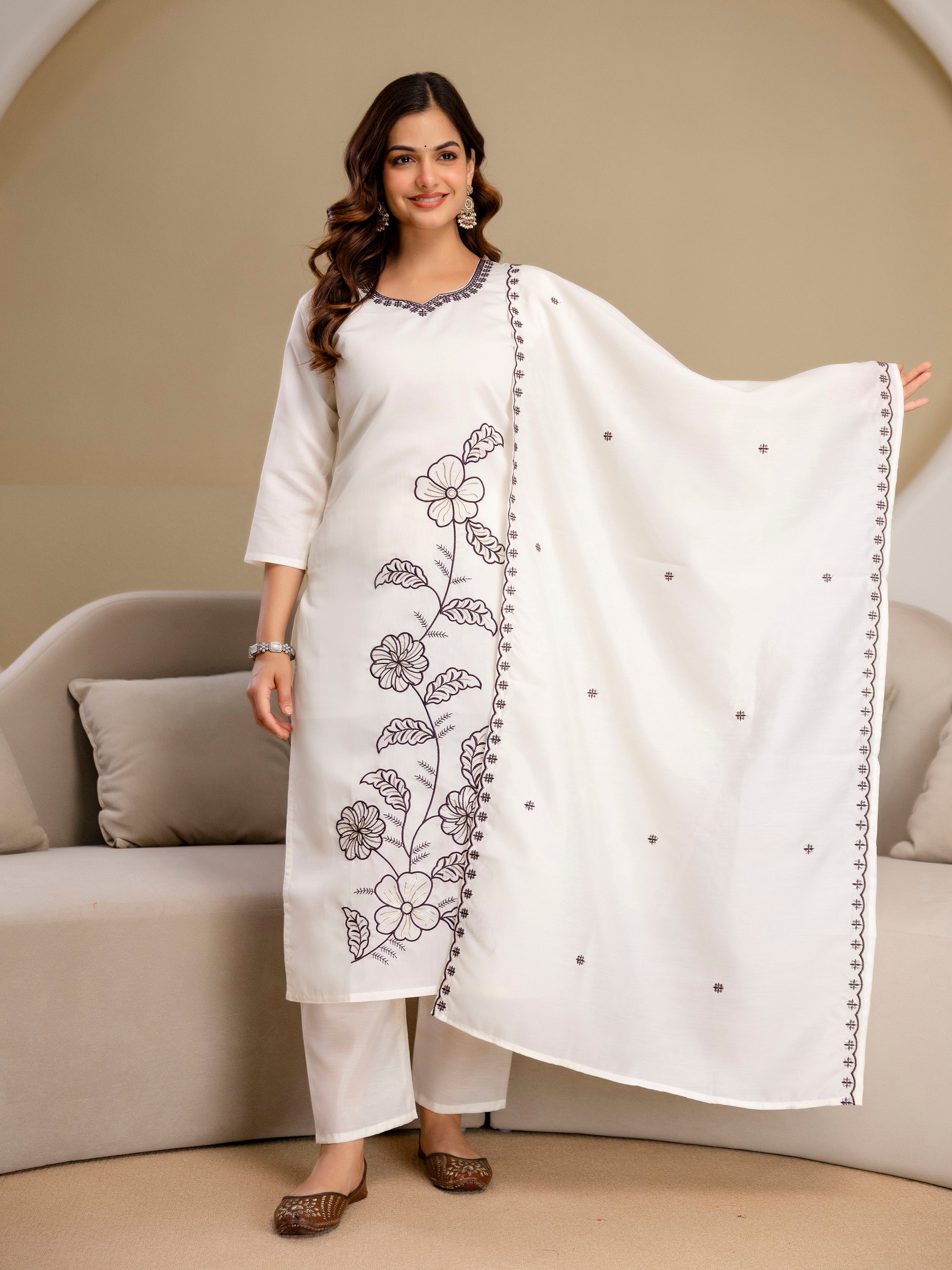 White Chanderi Cotton Embroidery Work Kurta Pant with Dupatta Set