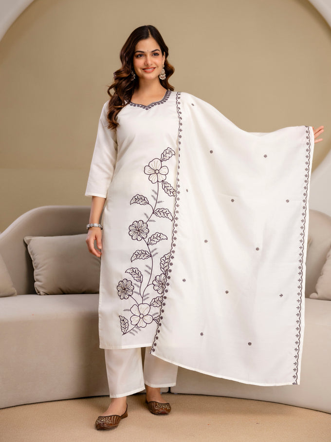 White Chanderi Cotton Embroidery Work Kurta Pant with Dupatta Set