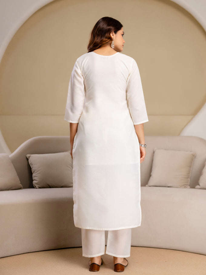 White Chanderi Cotton Embroidery Work Kurta Pant with Dupatta Set