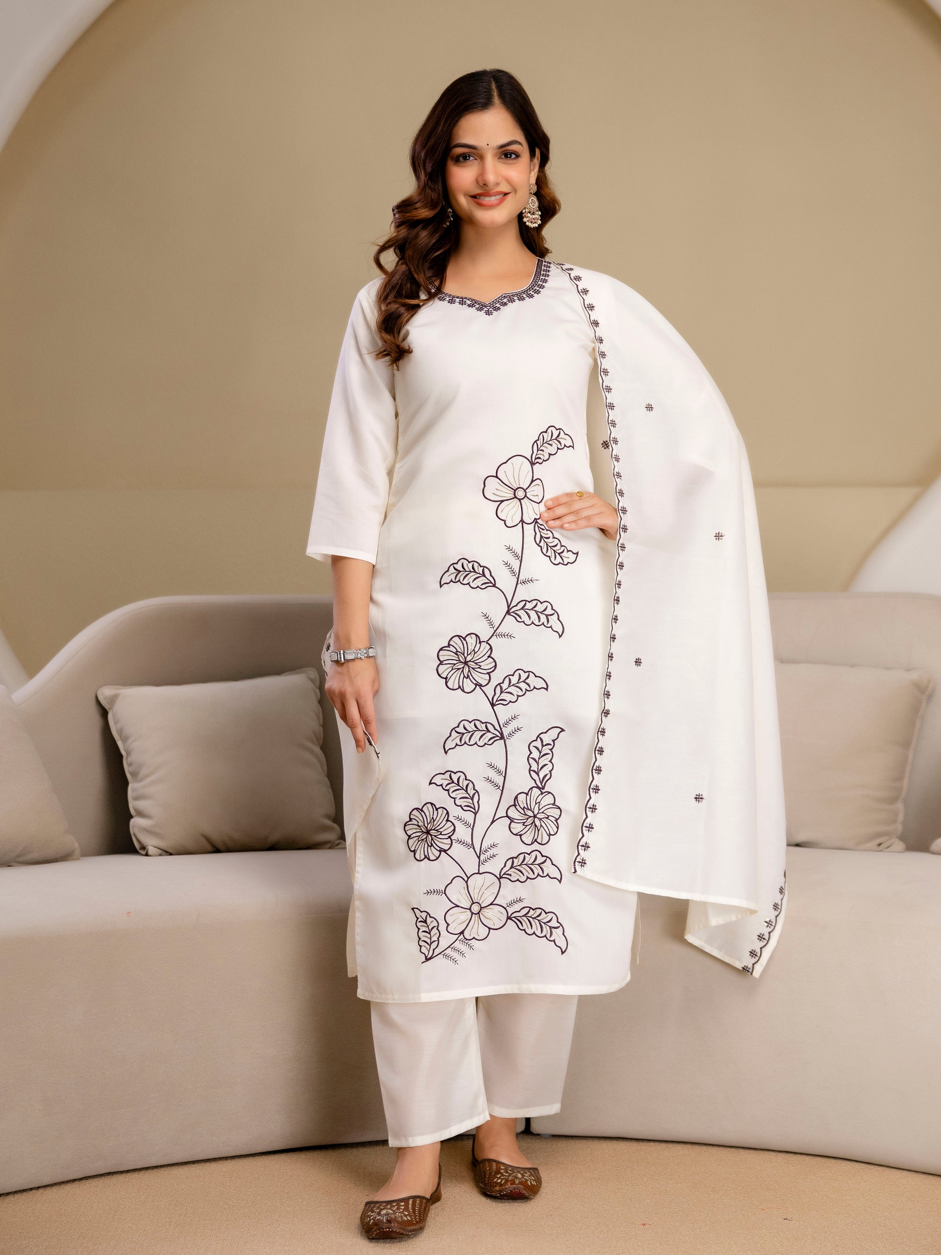 White Chanderi Cotton Embroidery Work Kurta Pant with Dupatta Set
