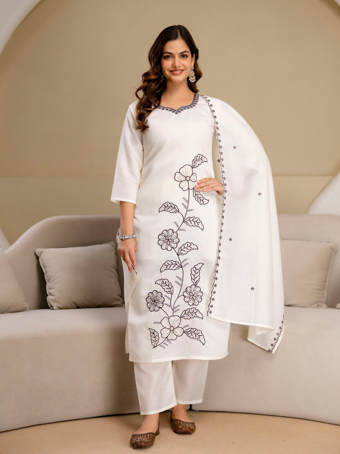 White Chanderi Cotton Embroidery Work Kurta Pant with Dupatta Set