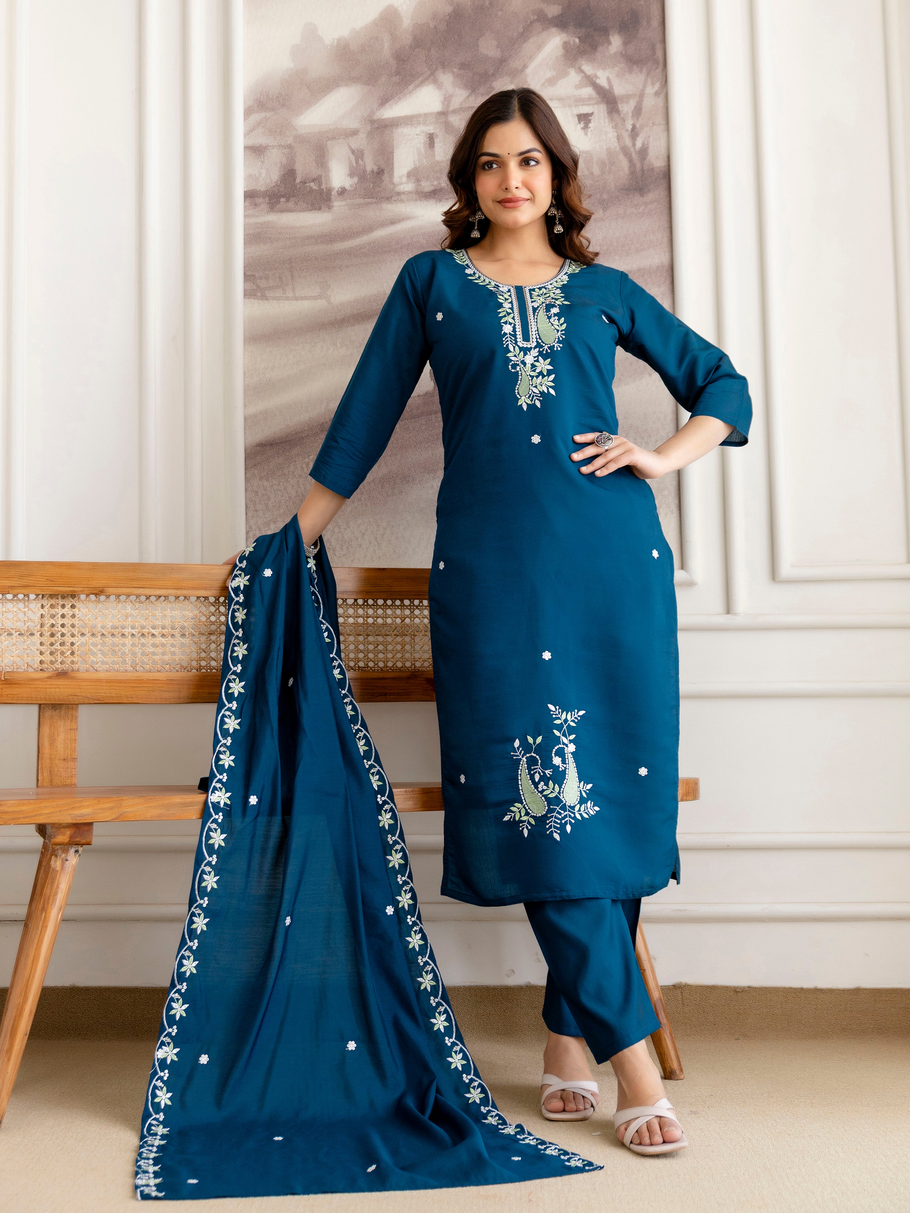 Morpeach Chanderi Cotton Embroidery Sequence Work Kurta Pant with Dupatta Set