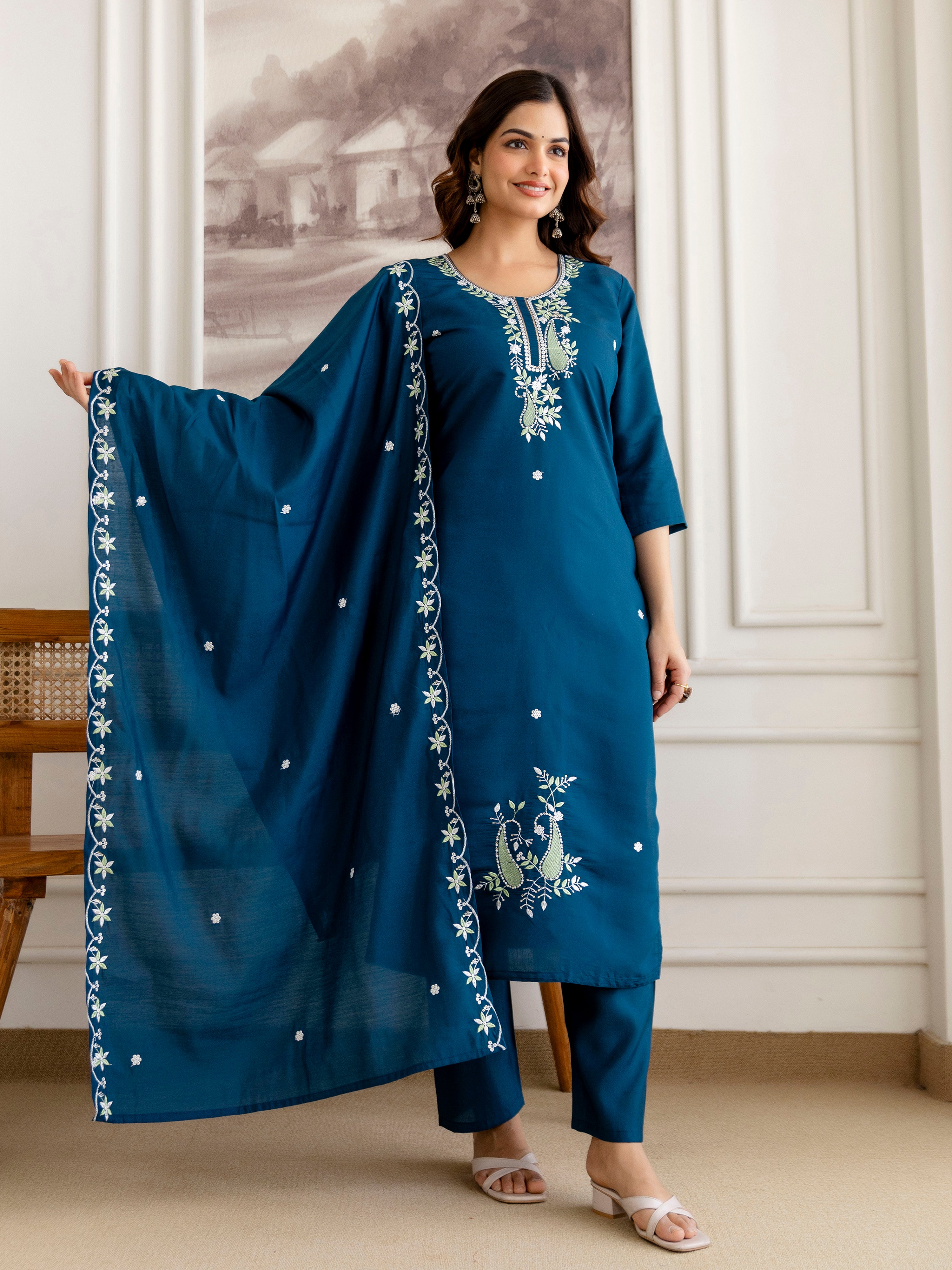 Morpeach Chanderi Cotton Embroidery Sequence Work Kurta Pant with Dupatta Set