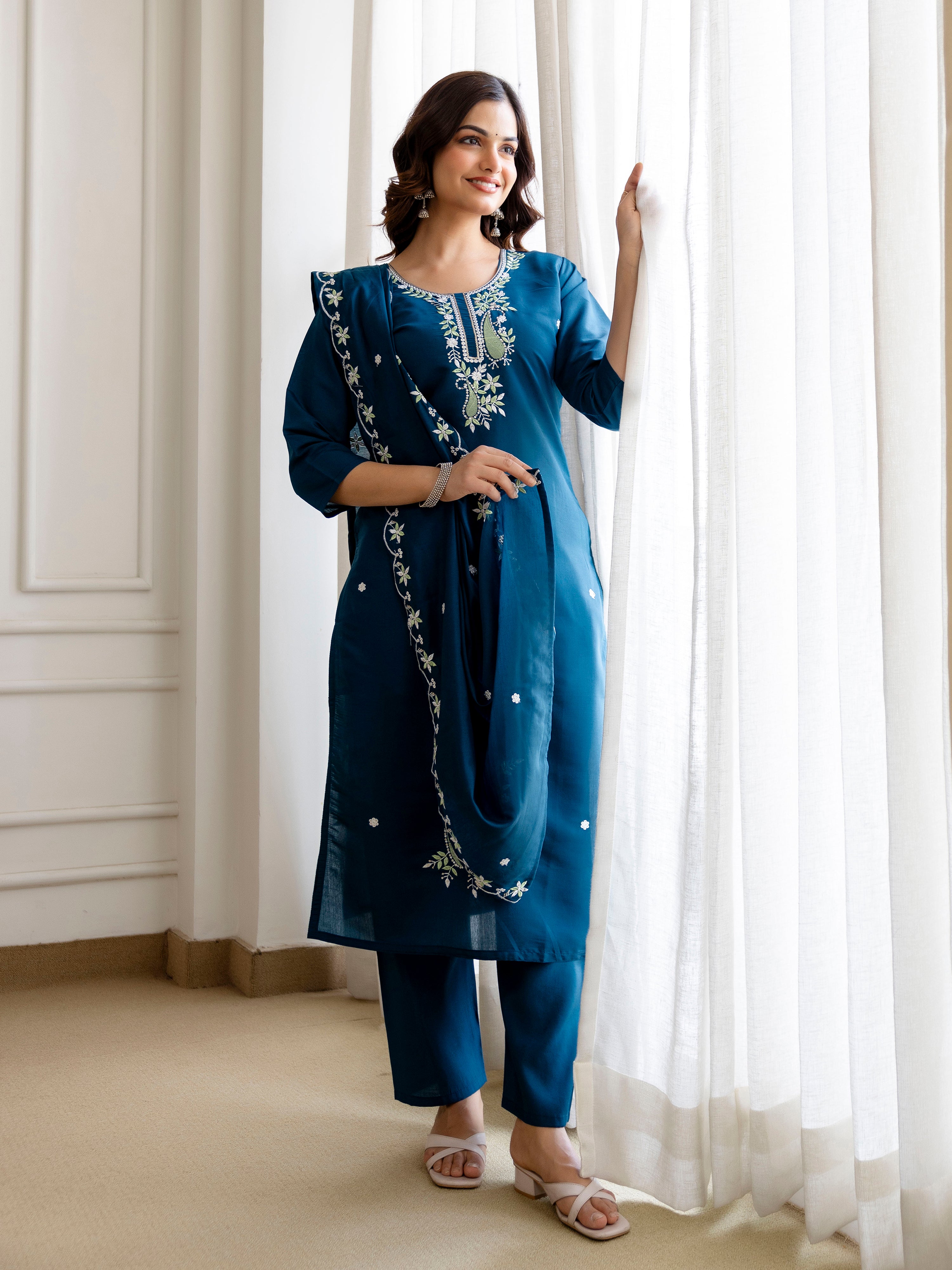 Morpeach Chanderi Cotton Embroidery Sequence Work Kurta Pant with Dupatta Set