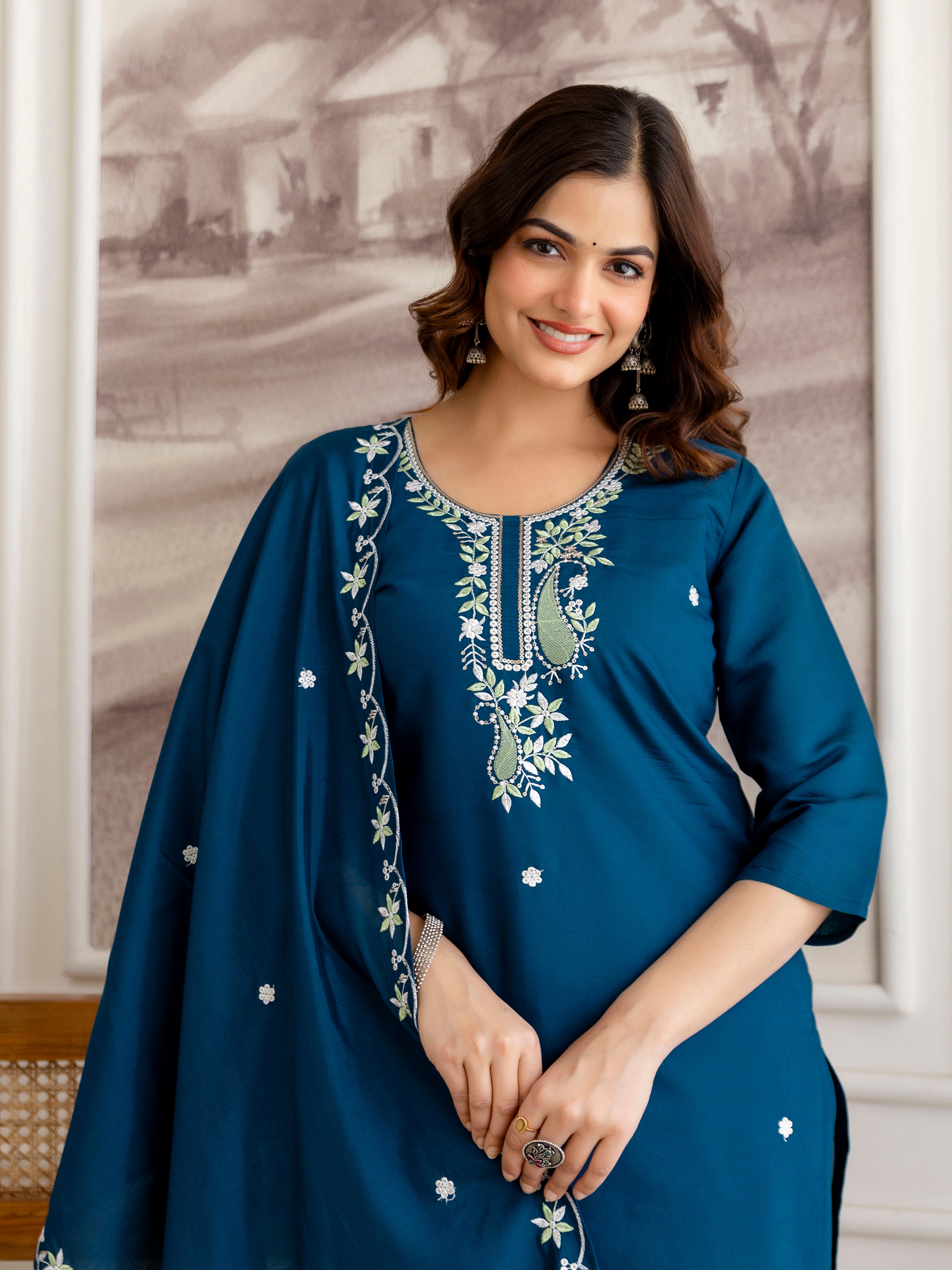 Morpeach Chanderi Cotton Embroidery Sequence Work Kurta Pant with Dupatta Set