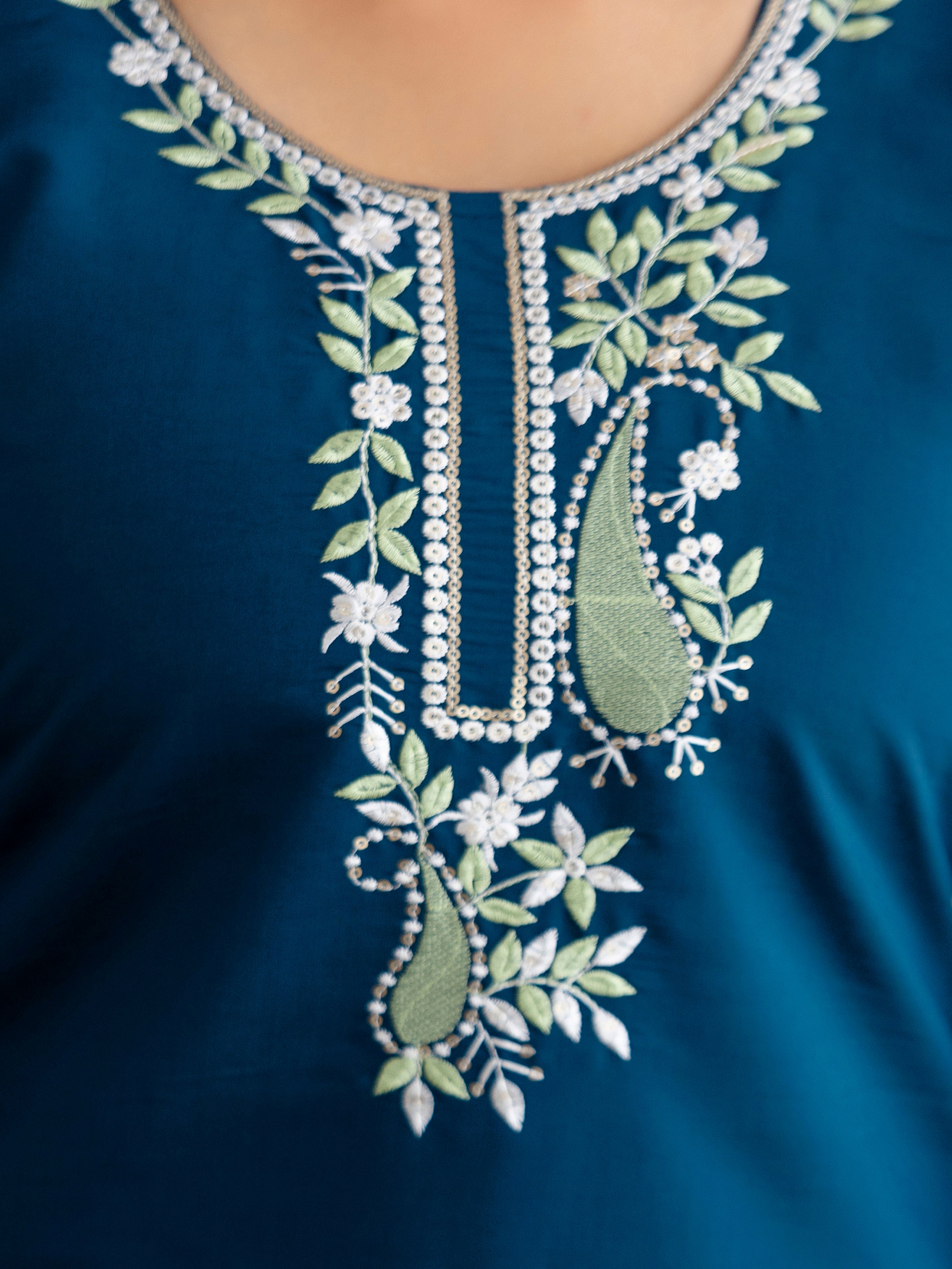 Morpeach Chanderi Cotton Embroidery Sequence Work Kurta Pant with Dupatta Set