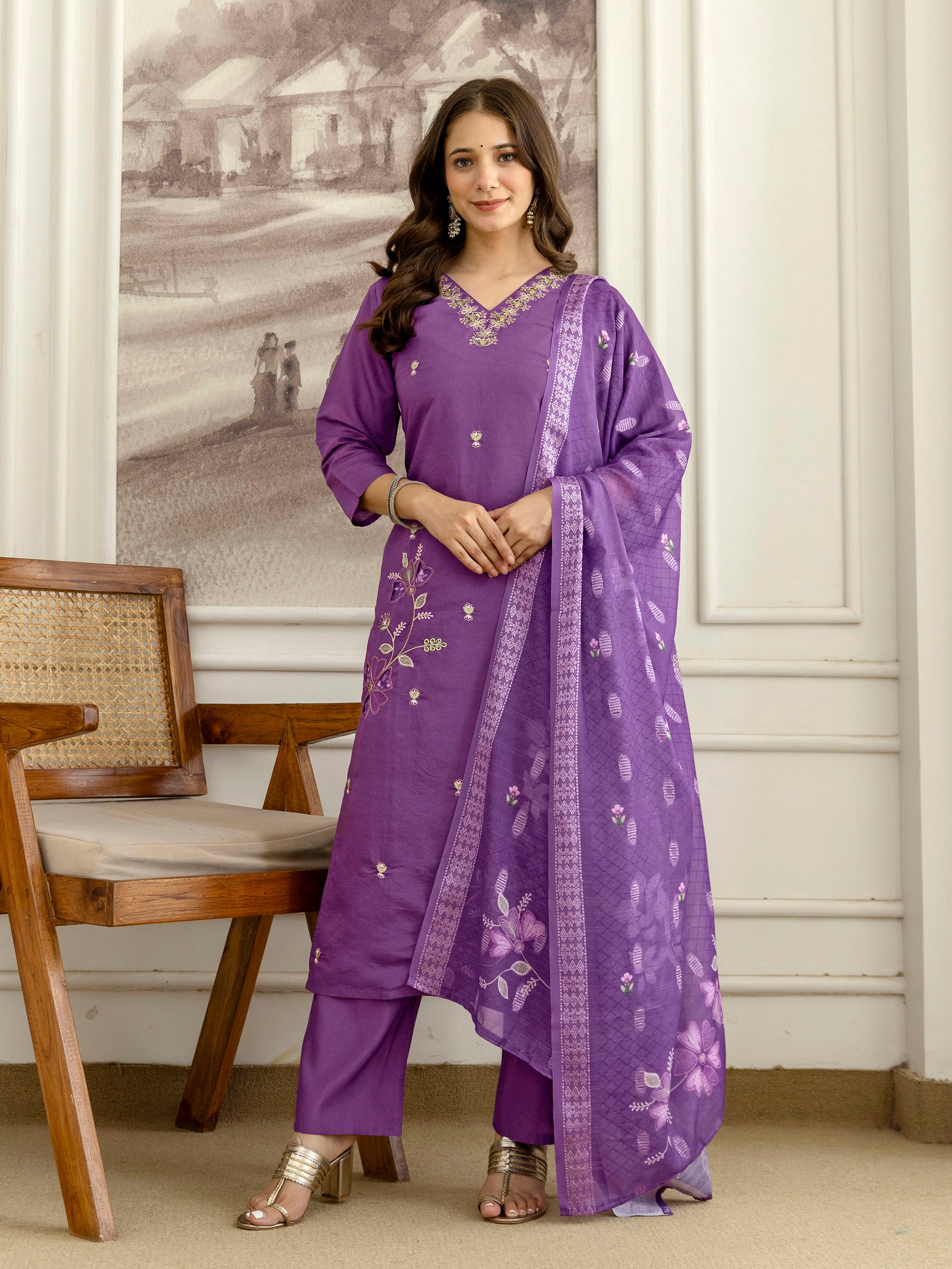 Purple Roman Silk Embroidery Salwar Suit with Floral Print Dupatta Set For Women's